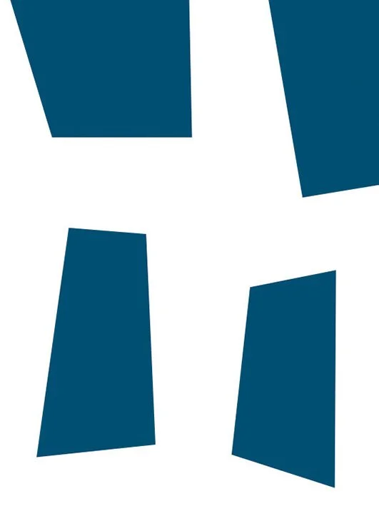 Abstract design with five irregular navy blue shapes on a white background