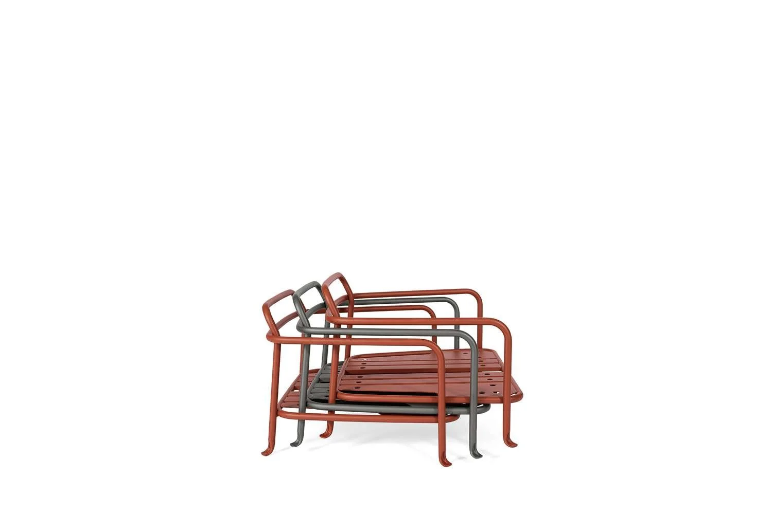 Four metal chairs in orange and gray stacked together on a white background.