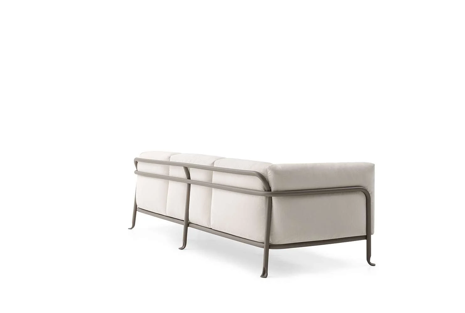 Back view of a modern white sofa with a metal frame, minimalist design, and curved legs, set against a plain white background.