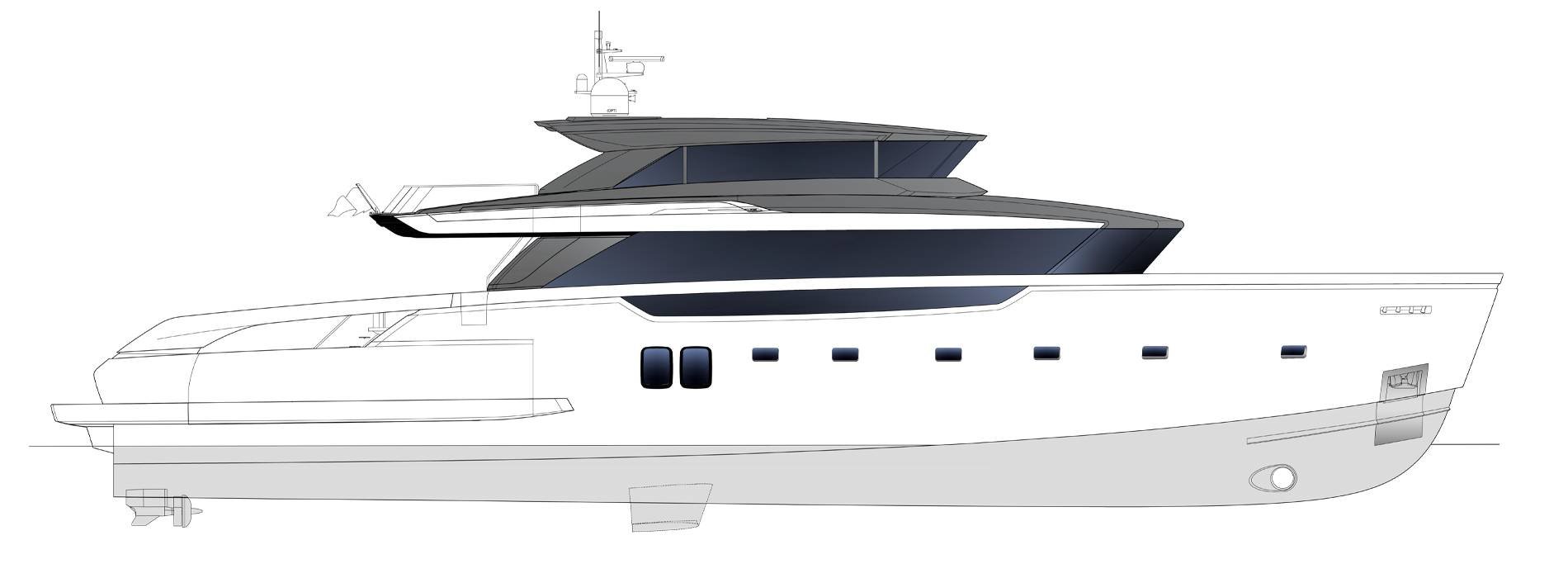Line drawing of a luxury yacht with multiple decks and windows, shown in side view.