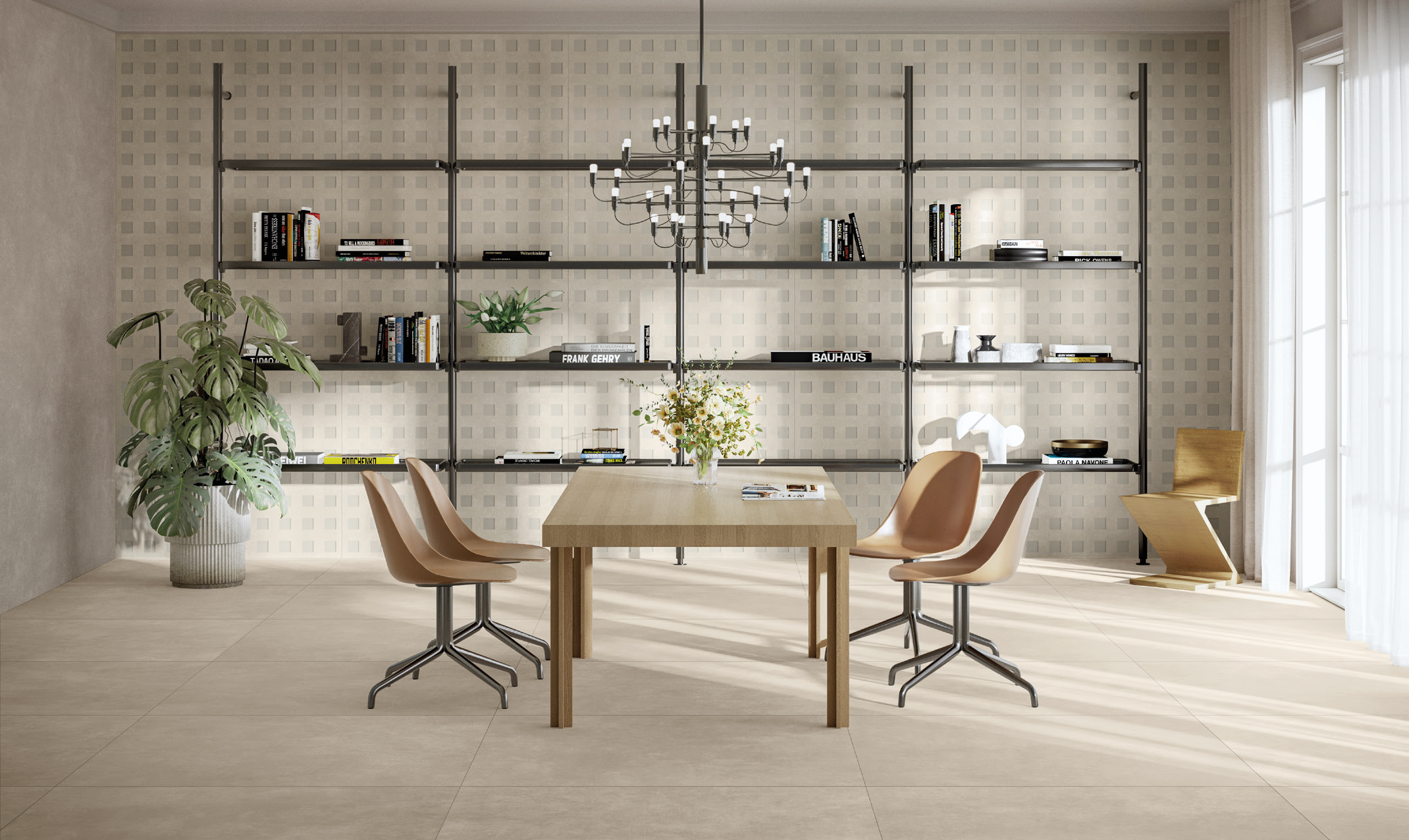 Modern dining room with a light wood table, six beige chairs, a large potted monstera plant, a black metal bookshelf wall with books and decorative items, a black chandelier, and a window with sheer white curtains