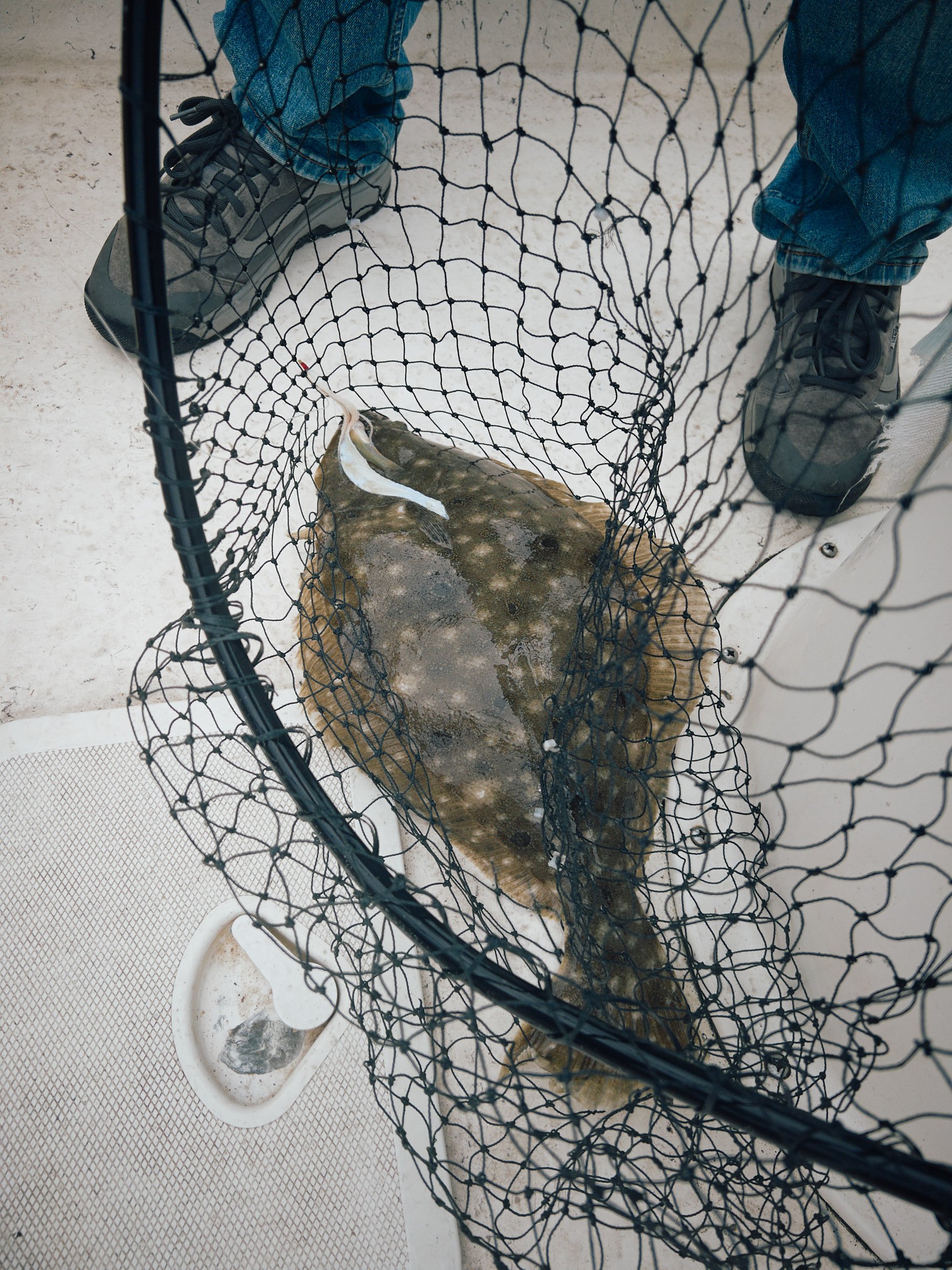 A person wearing jeans and gray sneakers standing behind a fishing net, with a fish caught inside the net on a tiled surface.