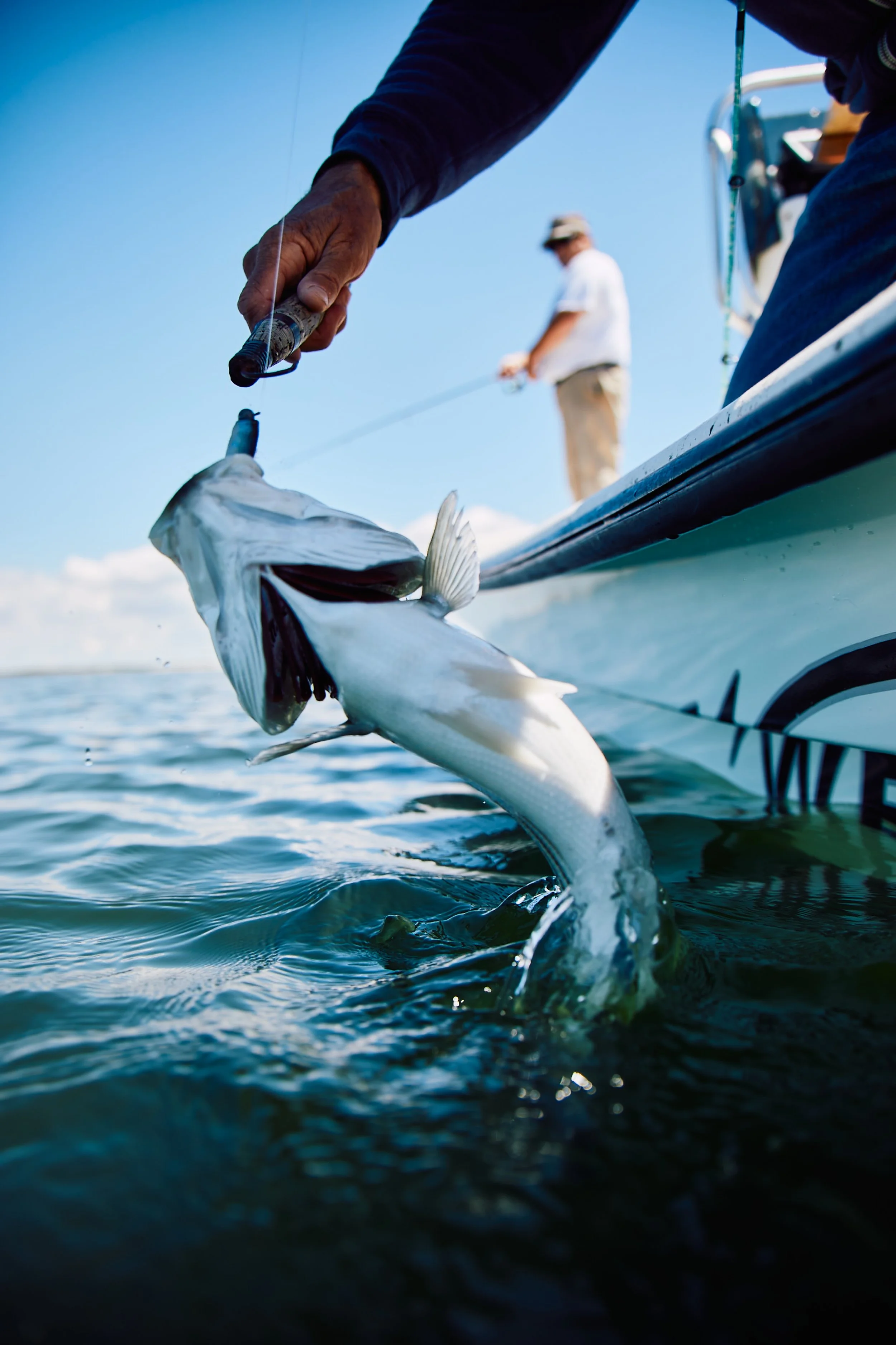 A person releasing a fish back into the water from a boat with another individual in the background.