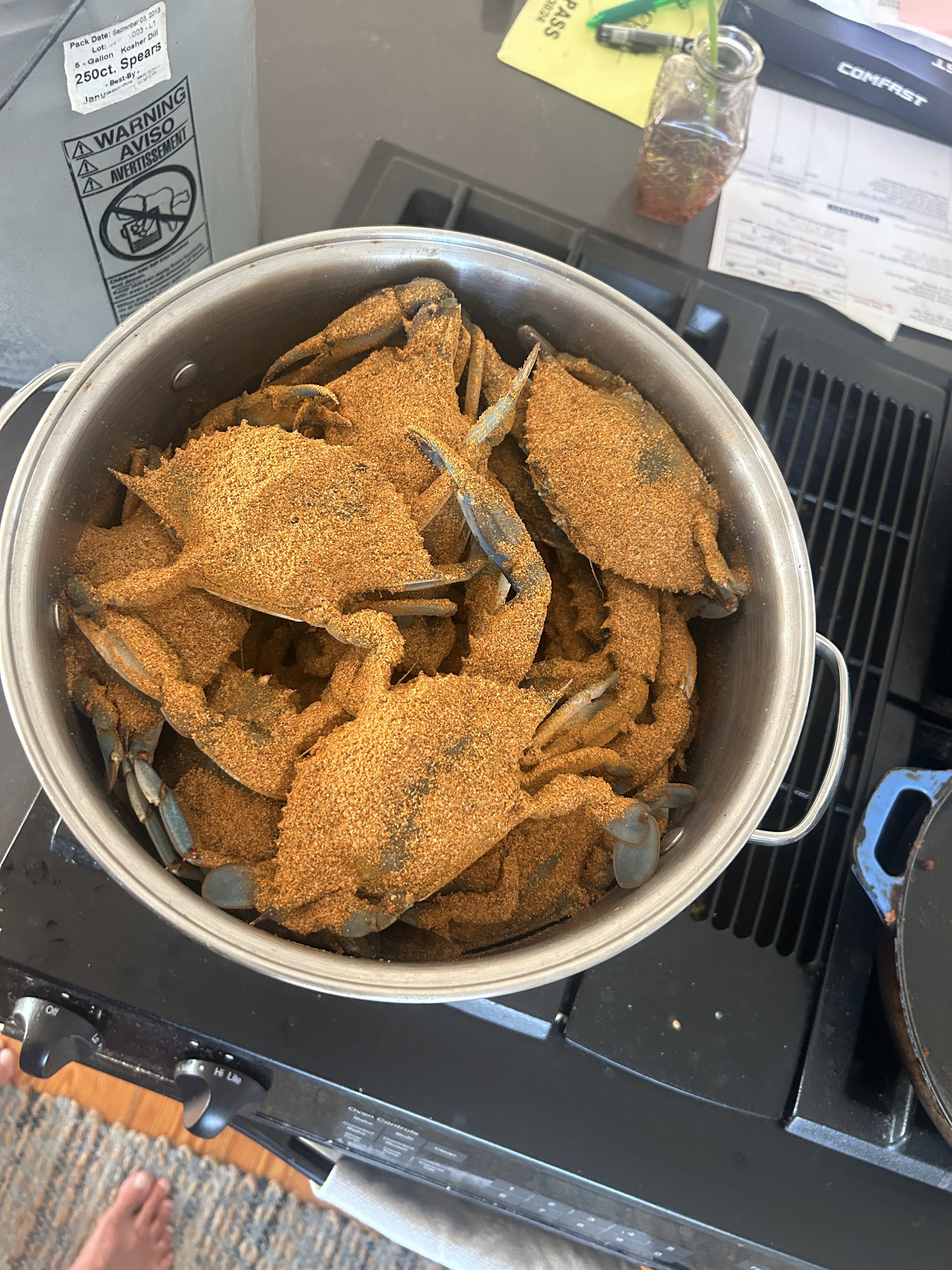 Freshly cooked crabs sprinkled with seasoning in a large metal pot on a stovetop, with various papers, a drink in a jar with a straw, and other kitchen items on the counter. sandbar Captain Tilly OC Fishing Charters. Ocean City, MD