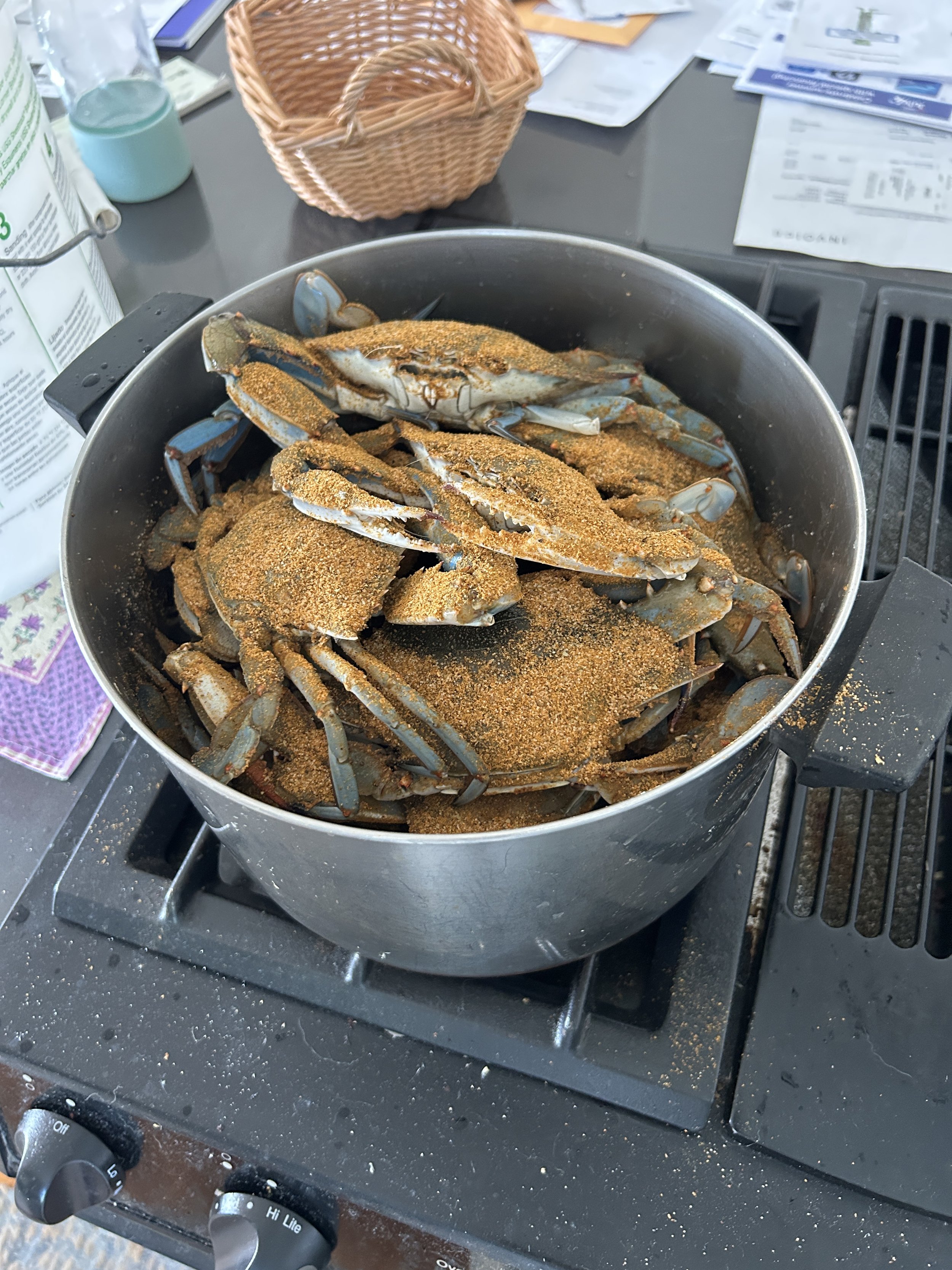 Large pot with raw crabs covered in seasoning on a black stovetop with scattered spice and kitchen items in the background. sandbar Captain Tilly OC Fishing Charters. Ocean City, MD