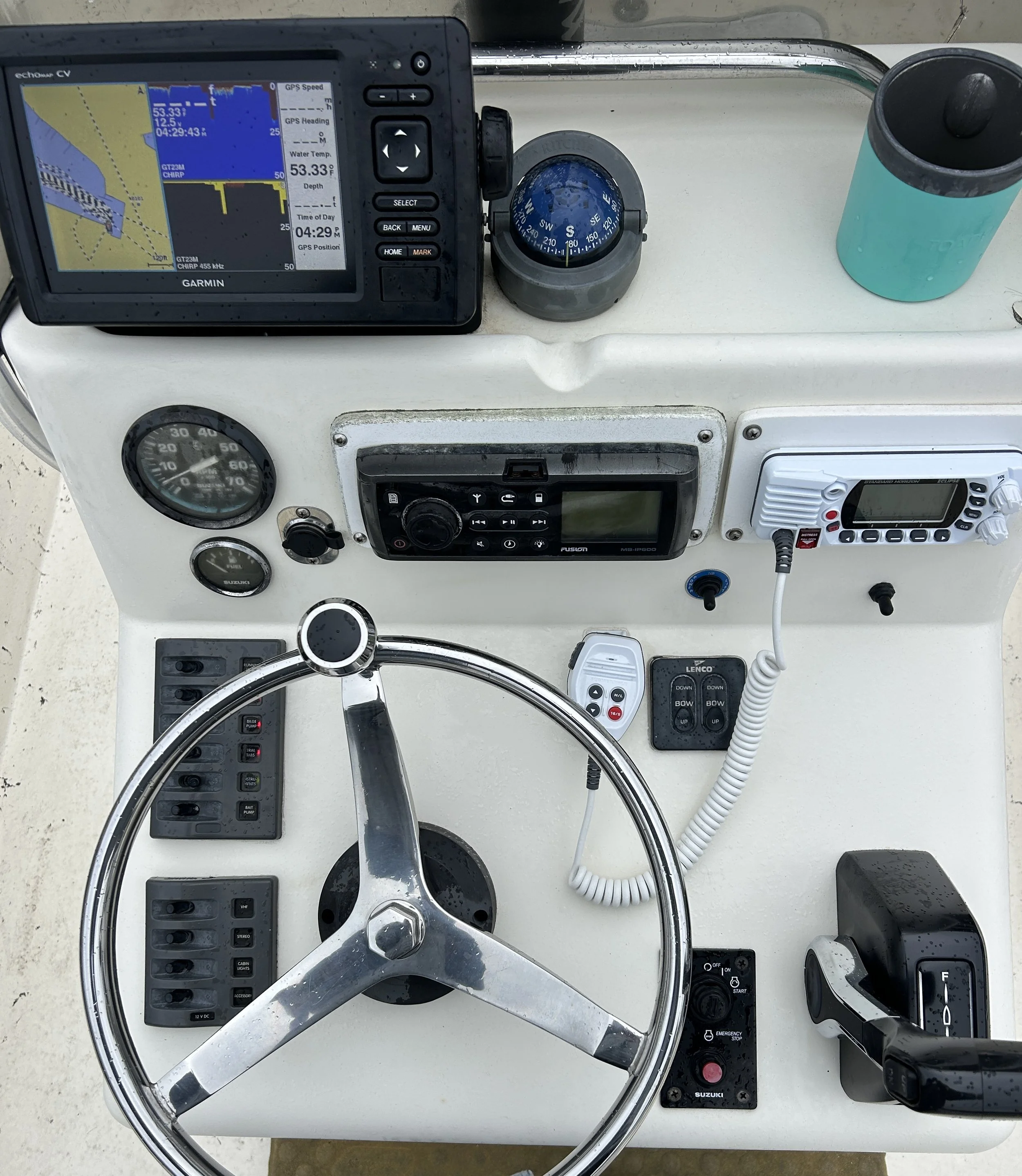 The Wedgie² console  with navigation GPS, compass, Fusion stereo, VHF Radio. Captain Tilly OC fishing charters. Ocean City, MD.