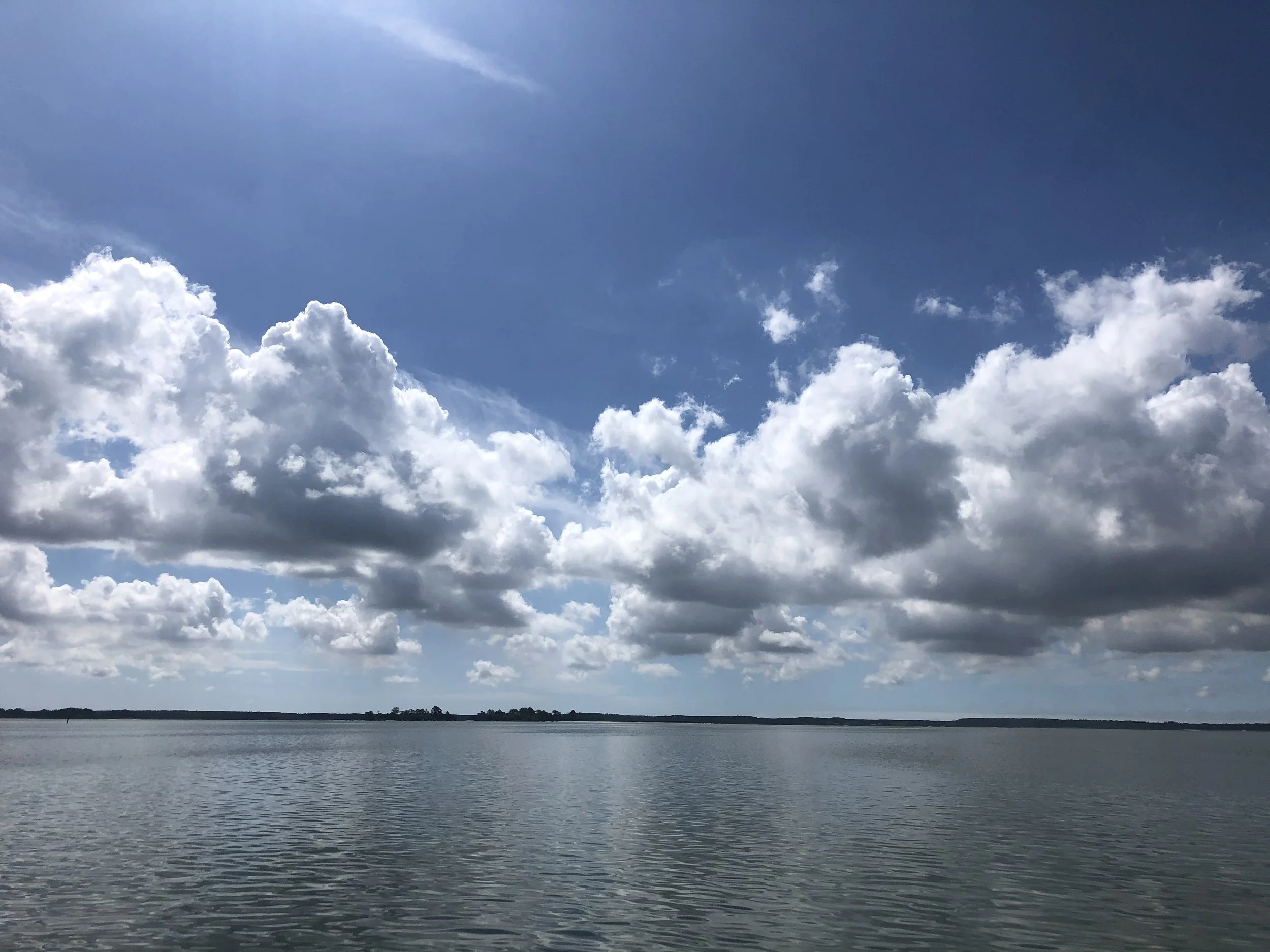 A large body of water with a cloudy sky overhead, featuring fluffy white clouds and some blue sky visible. sandbar Captain Tilly OC Fishing Charters. Ocean City, MD