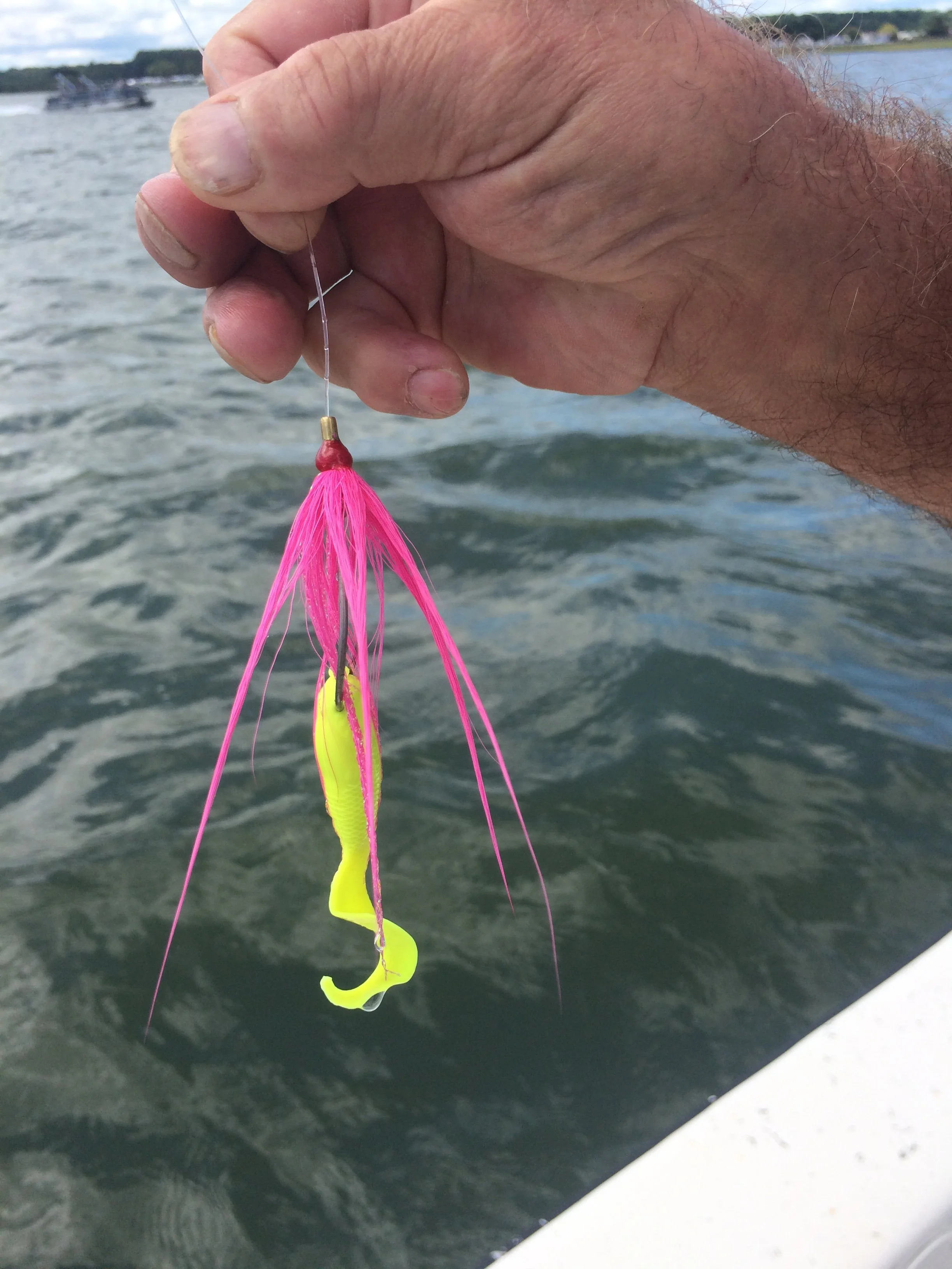 Close-up of a person's hand holding a bright pink fishing lure over a body of water with boats and trees in the background. sandbar Captain Tilly OC Fishing Charters. Ocean City, MD