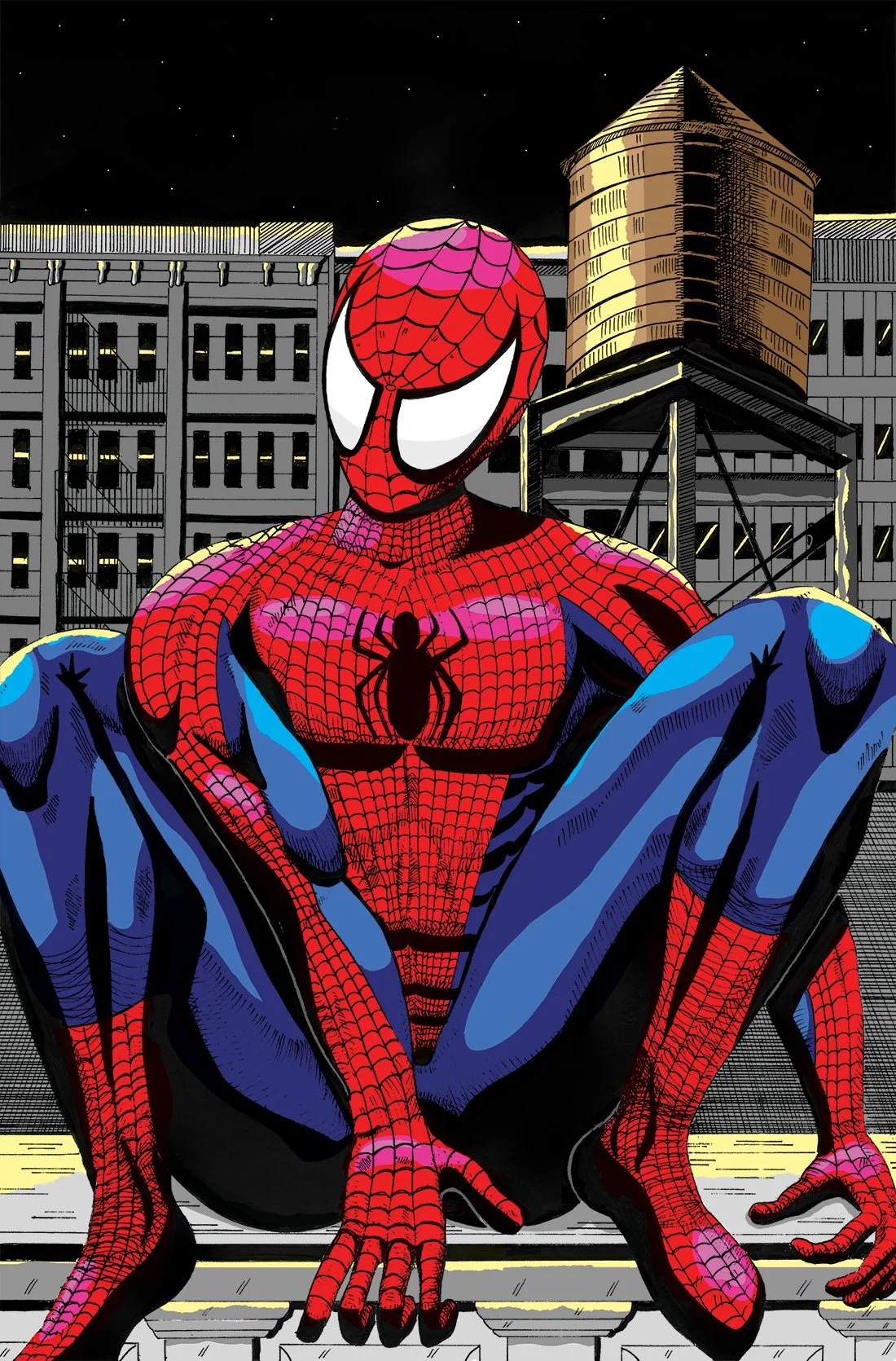 Spider-Man sitting on a rooftop.