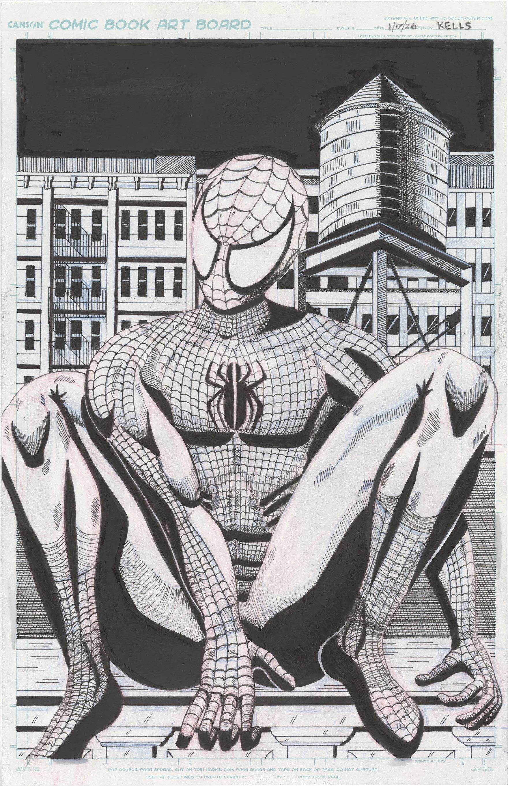 Spider-Man sitting on a rooftop in black and white..