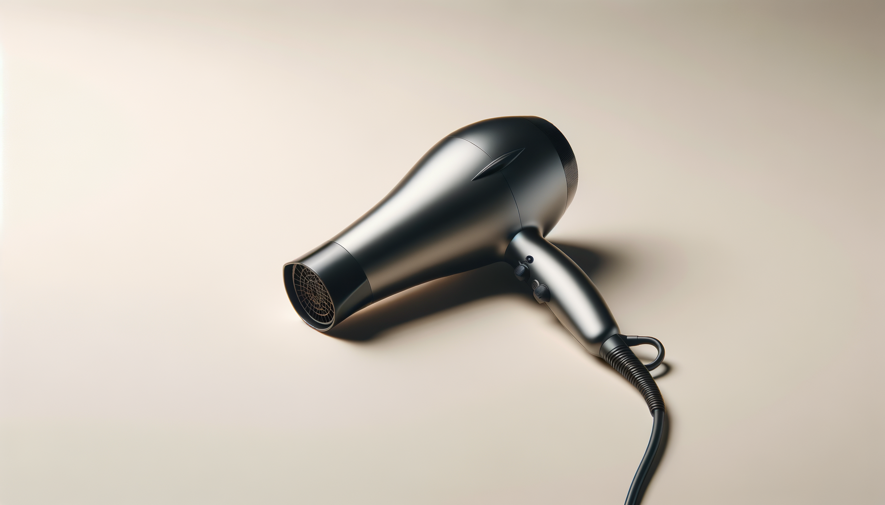 A black professional hair dryer with a sleek modern design, lying on a neutral-colored surface.