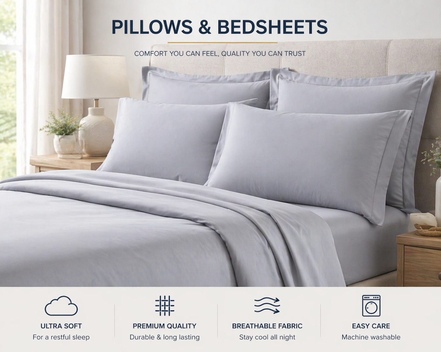 A bed with light gray satin pillows and bedsheets in a cozy bedroom setting, with a nightstand and a lamp to the left and a plant on the right.