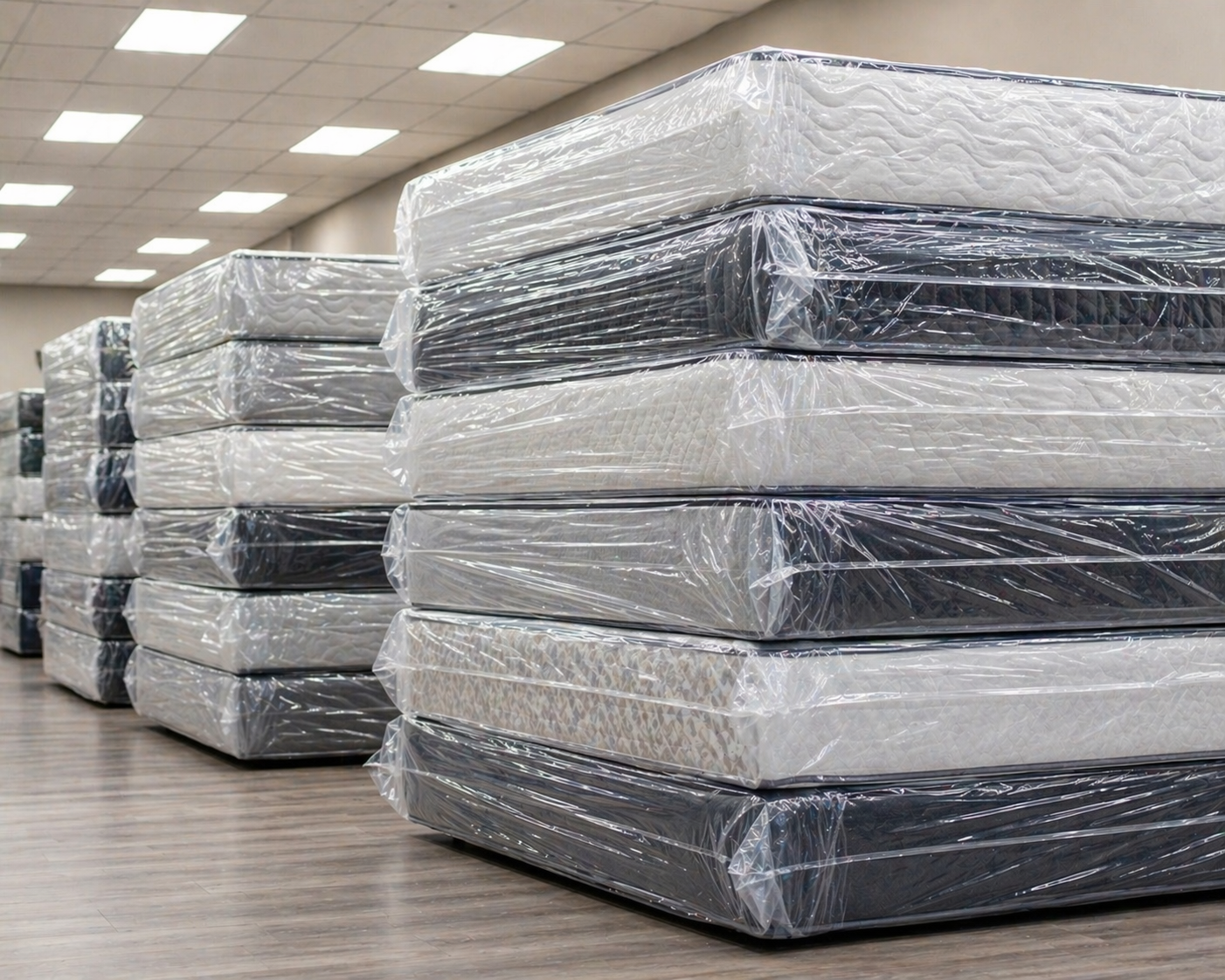 Stacks of packaged mattresses wrapped in plastic in an indoor store or warehouse with overhead fluorescent lighting and a wood-look floor.