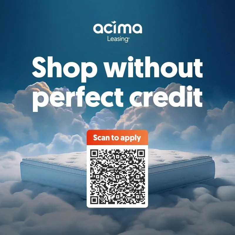 A mattress floating among clouds with a QR code and text promoting shopping without credit at acima leasing