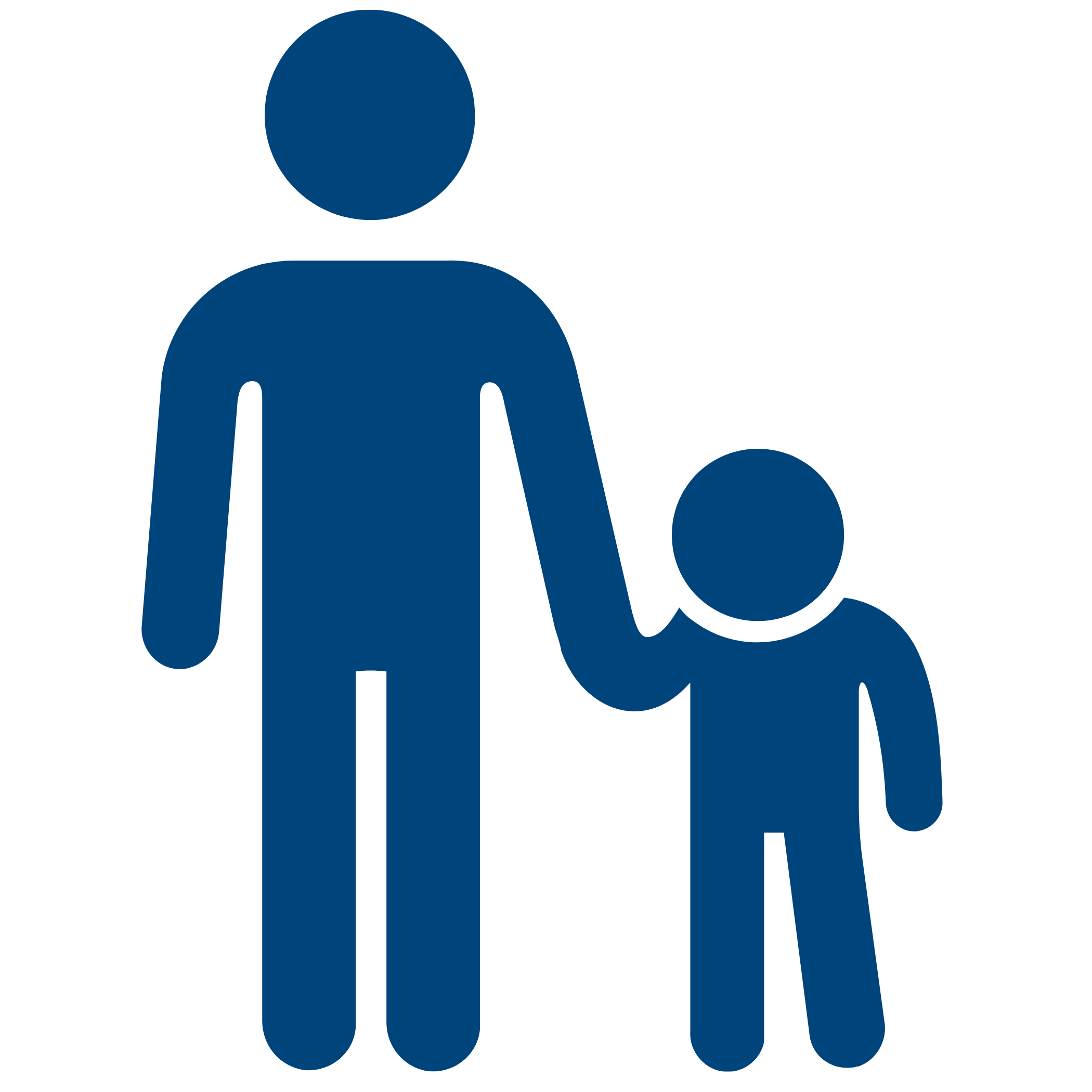 Simplified illustration of a person with a large head and body, two smaller figures with large heads and bodies, all in dark blue on a black background.