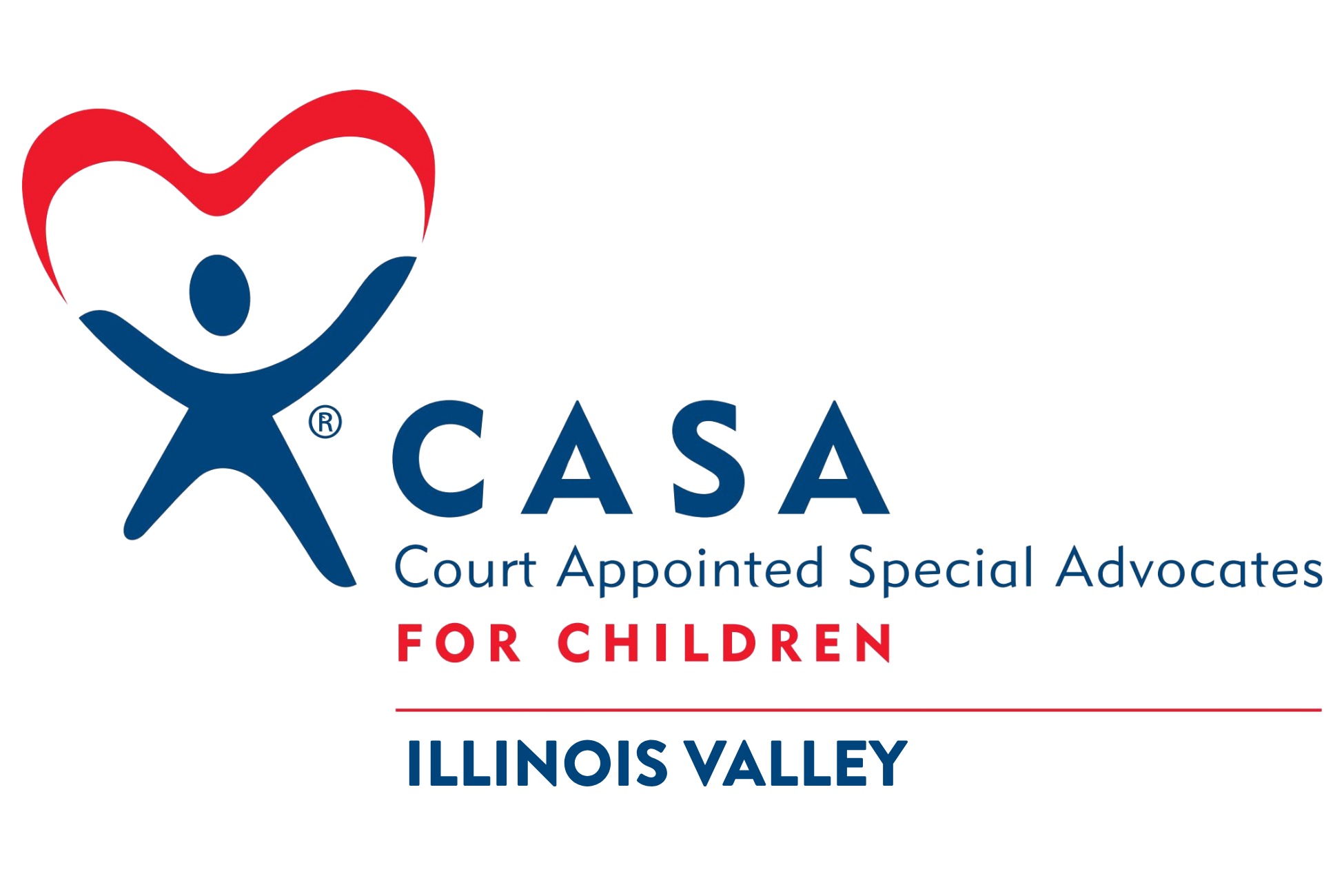 A logo for CASA, Court-Approved Special Advocates for Children, featuring a blue human figure holding a pink heart with a red outline, accompanied by text emphasizing children and court advocacy.
