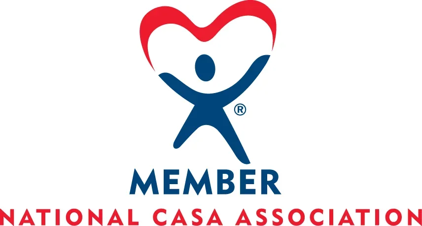 Logo of National CASA Association featuring a stylized figure with arms raised inside a red heart shape, with the text 'MEMBER' and 'NATIONAL CASA ASSOCIATION' beneath.