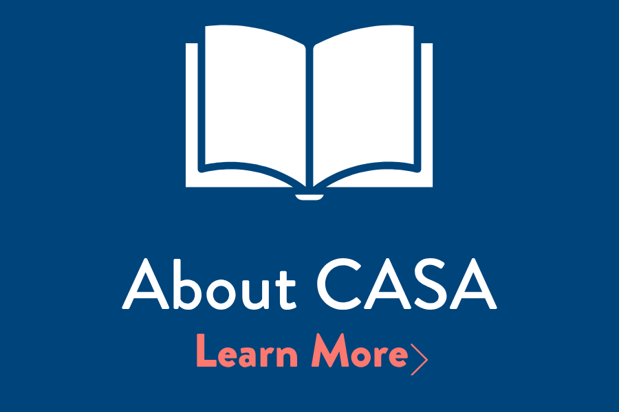 Blue background with a white open book icon at the top, white text below that reads 'About CASA', and pink text with a right arrow icon that says 'Learn More'.