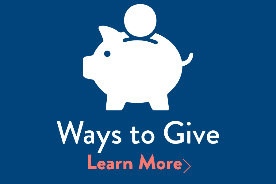 A logo with a white piggy bank and a coin on top, blue background, with text 'Ways to Give' and a red 'Learn More' button.