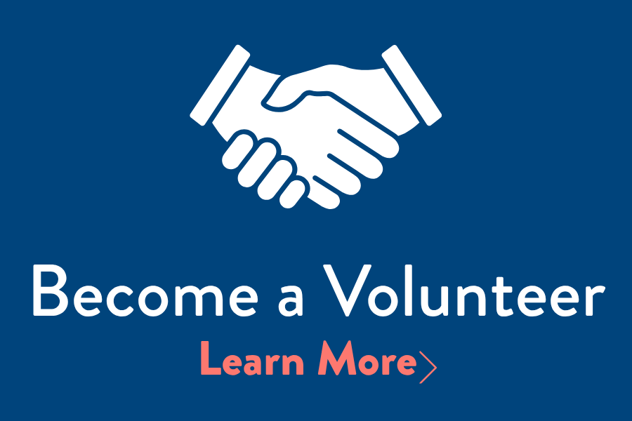Graphic with handshake icon and text encouraging to become a volunteer, with a call to action to learn more.
