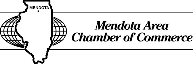 Mendota Area Chamber of Commerce logo with a map outline of Illinois and a globe