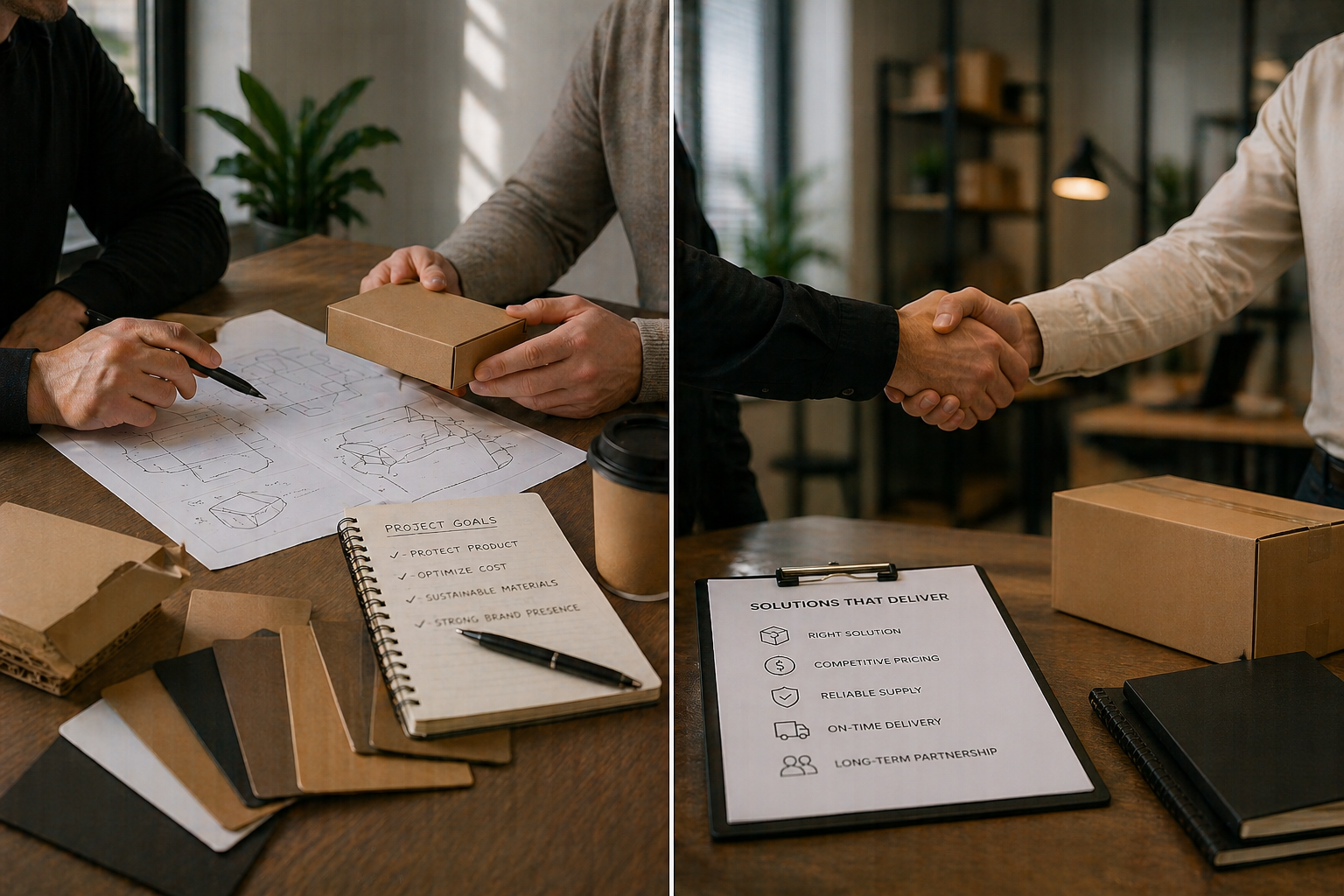 Two images showing business meetings. The left shows two people working on product design with sketches, color samples, and project notes on the table. The right shows two people shaking hands over a table with a clipboard listing solutions that deliver, such as right solution and reliable supply.