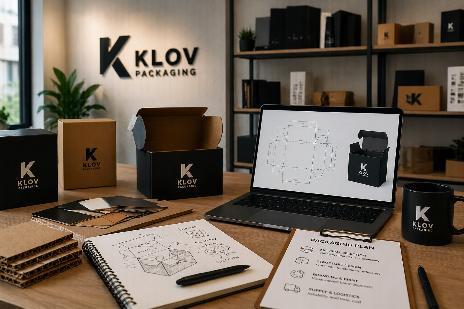 A workspace with packaging designs and sketches, including a laptop showing a box design, a clipboard with a packaging plan, a mug with a logo, cardboard boxes, and design materials on a wooden table in an office setting.