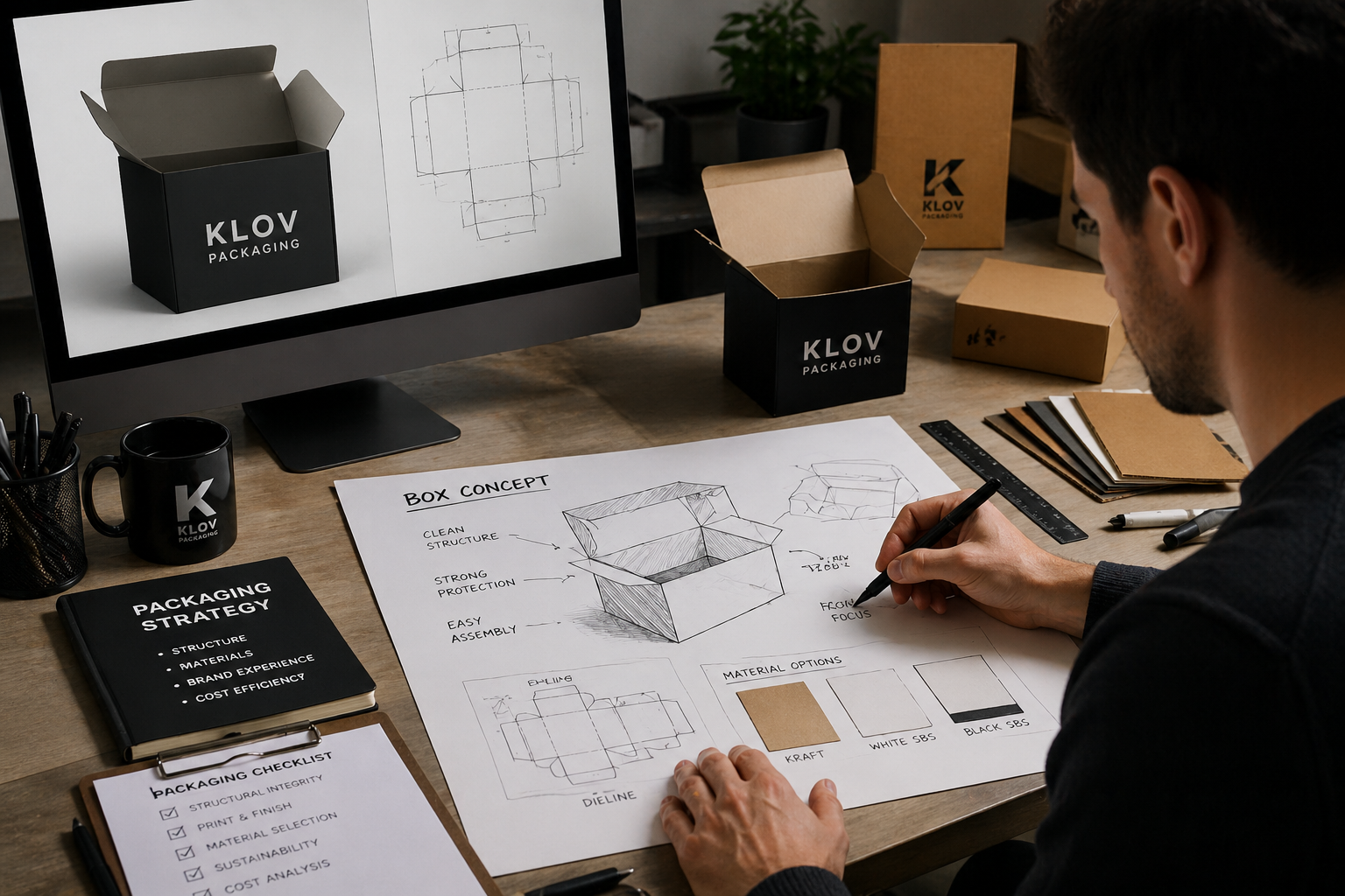 A man designing a packaging box concept on a blueprint, with sketches and material options, in an office with packaging samples and a computer.