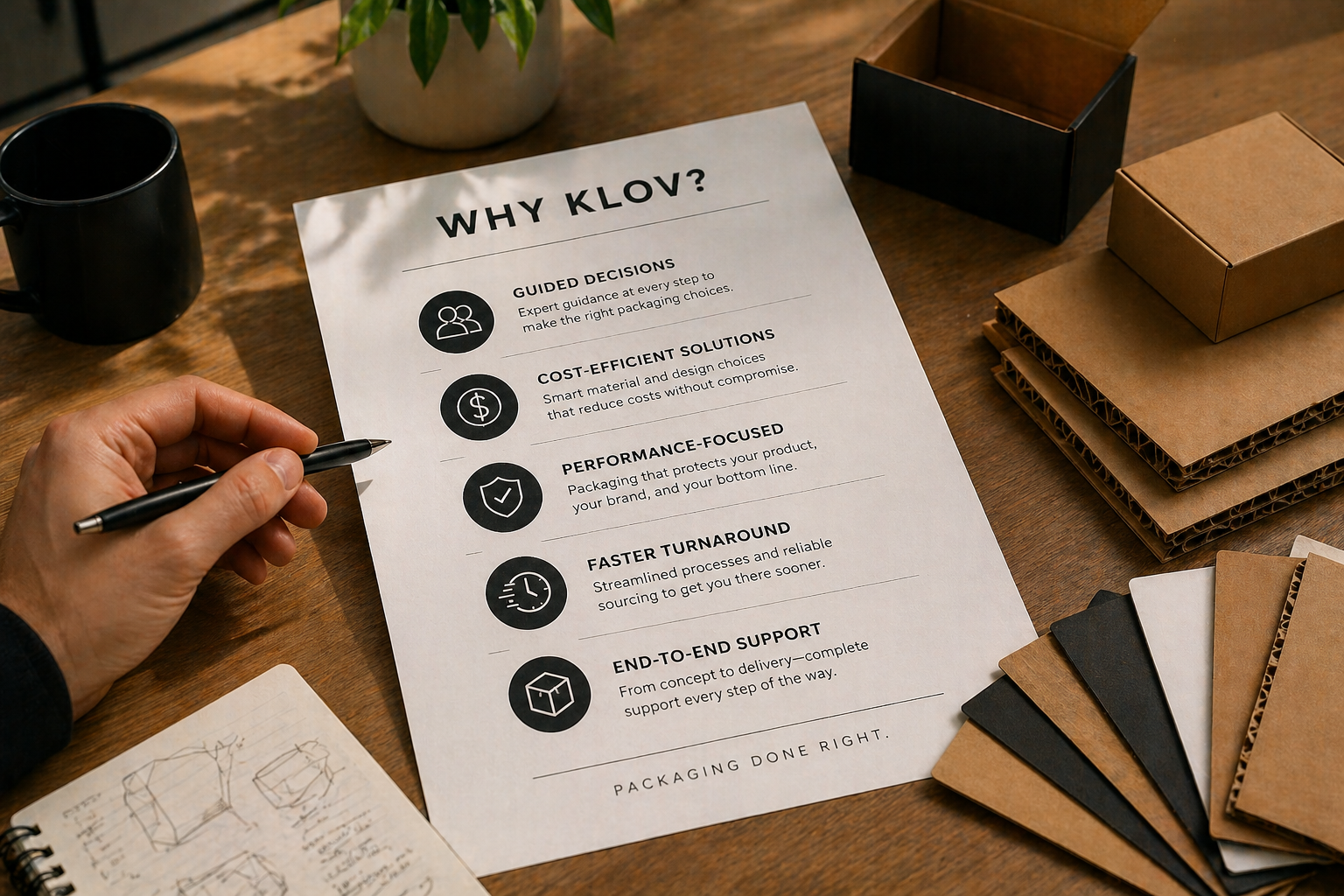 A printed marketing sheet titled ‘Why KLOV?’ on a wooden table, with bullet points about packaging benefits, surrounded by cardboard samples, a black mug, a plant, and a notebook with sketches.