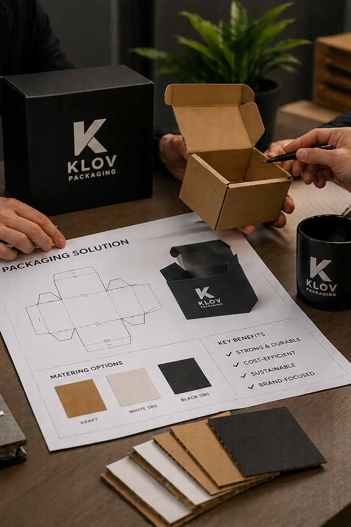 Two people working on a packaging design at a table with sample materials, a printed plan, a cardboard box, and branding items for Klov Packaging.