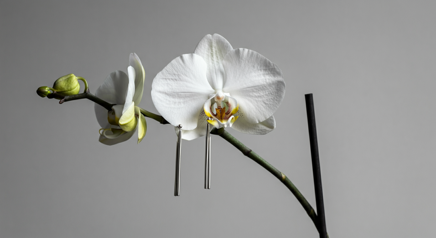 A white orchid flower with a few attached buds, with silver jewelry hanging from the flower's stem, against a plain gray background.