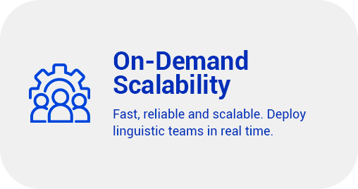 Graphic with gear and people icons, text reads 'On-Demand Scalability' and 'Fast, reliable and scalable. Deploy linguistic teams in real time.'