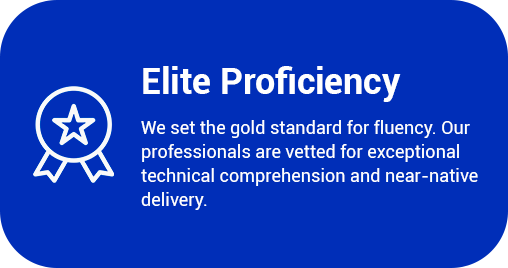 Blue badge with white star and ribbon icon, containing white text about 'Elite Proficiency' and technical excellence.