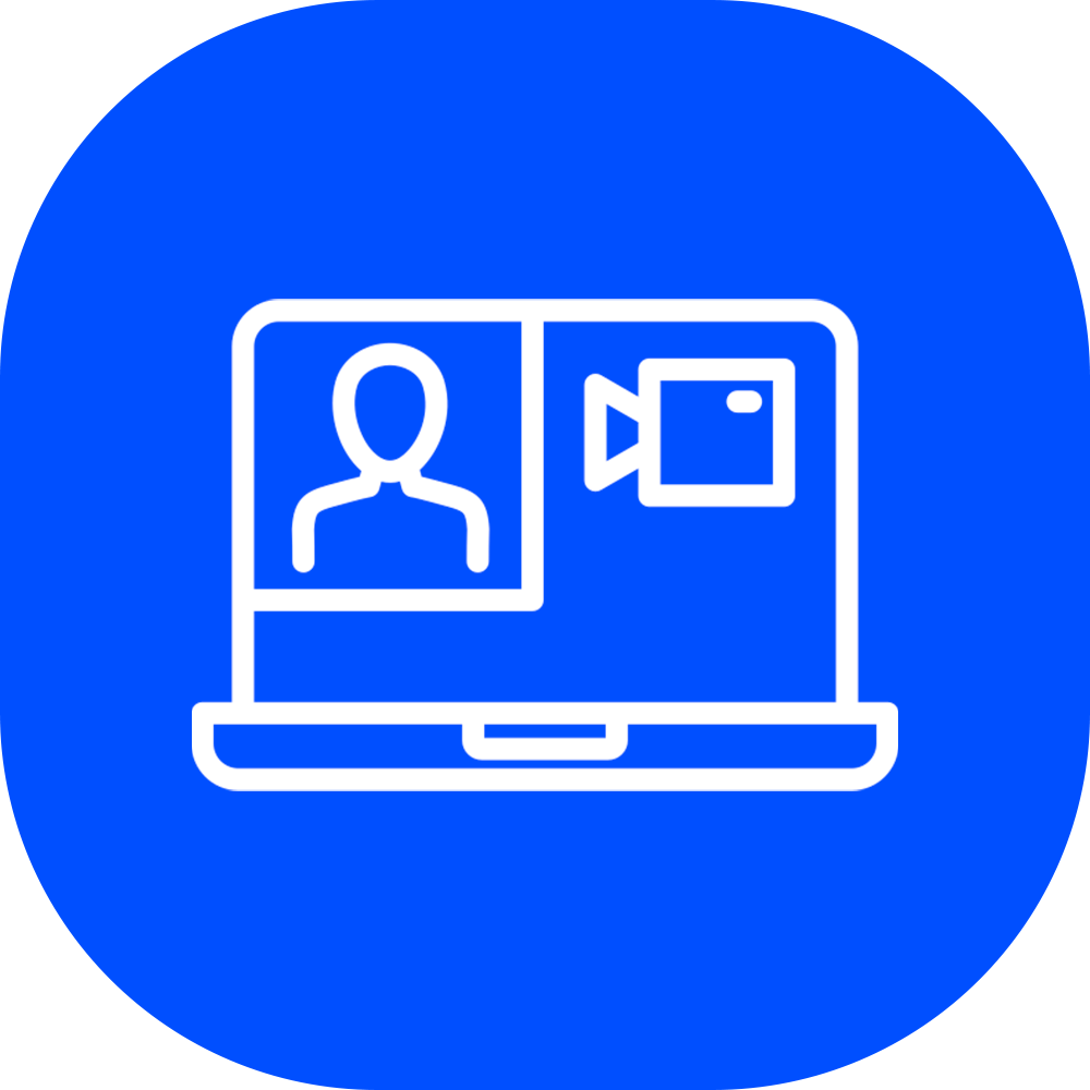 Icon of a person on a laptop screen with a video camera icon, representing a video call or virtual meeting.