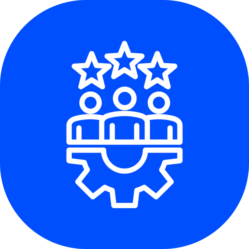 Icon depicting a gear with three people inside and three stars above them, representing team recognition or achievement.