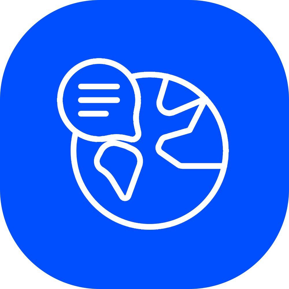 A white outline of a globe with continents on a blue circular background, with a speech bubble next to it.