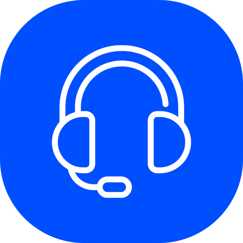 Outline of a white headset with a microphone on a blue circular background.