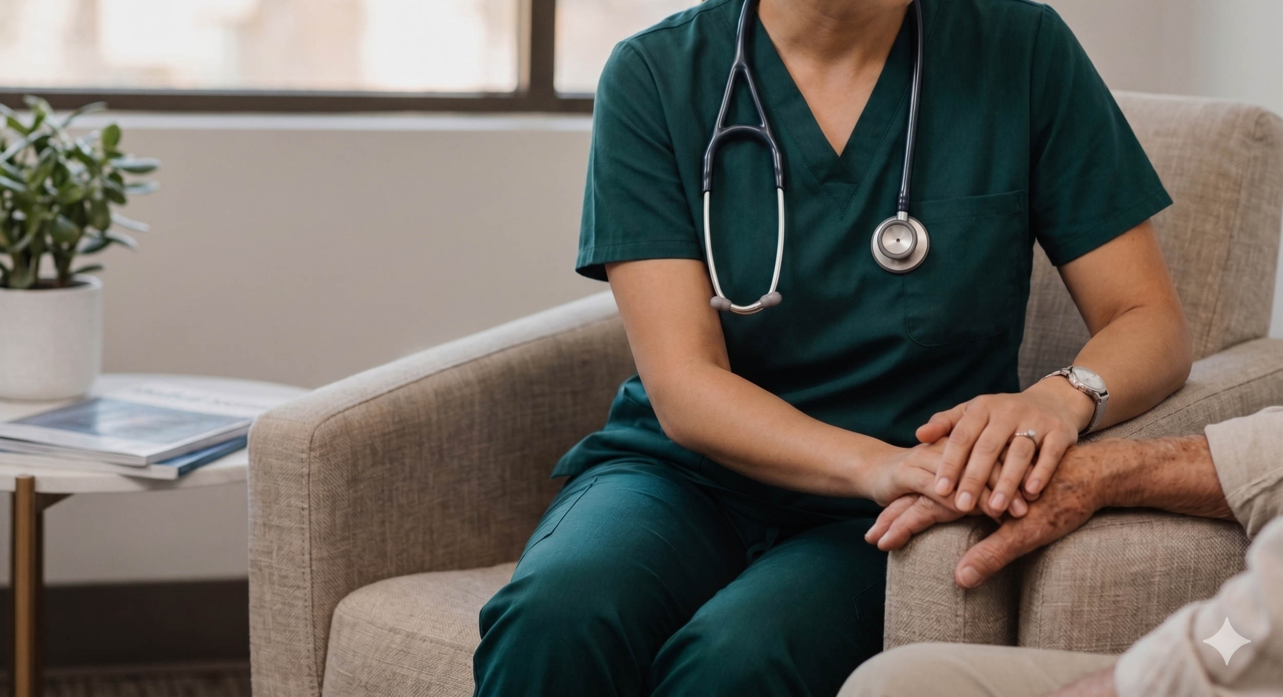 A healthcare worker or nurse wearing green scrubs and a stethoscope is sitting on a beige sofa, holding and gently supporting an elderly person's hand in a comforting manner in a medical or counseling office setting.