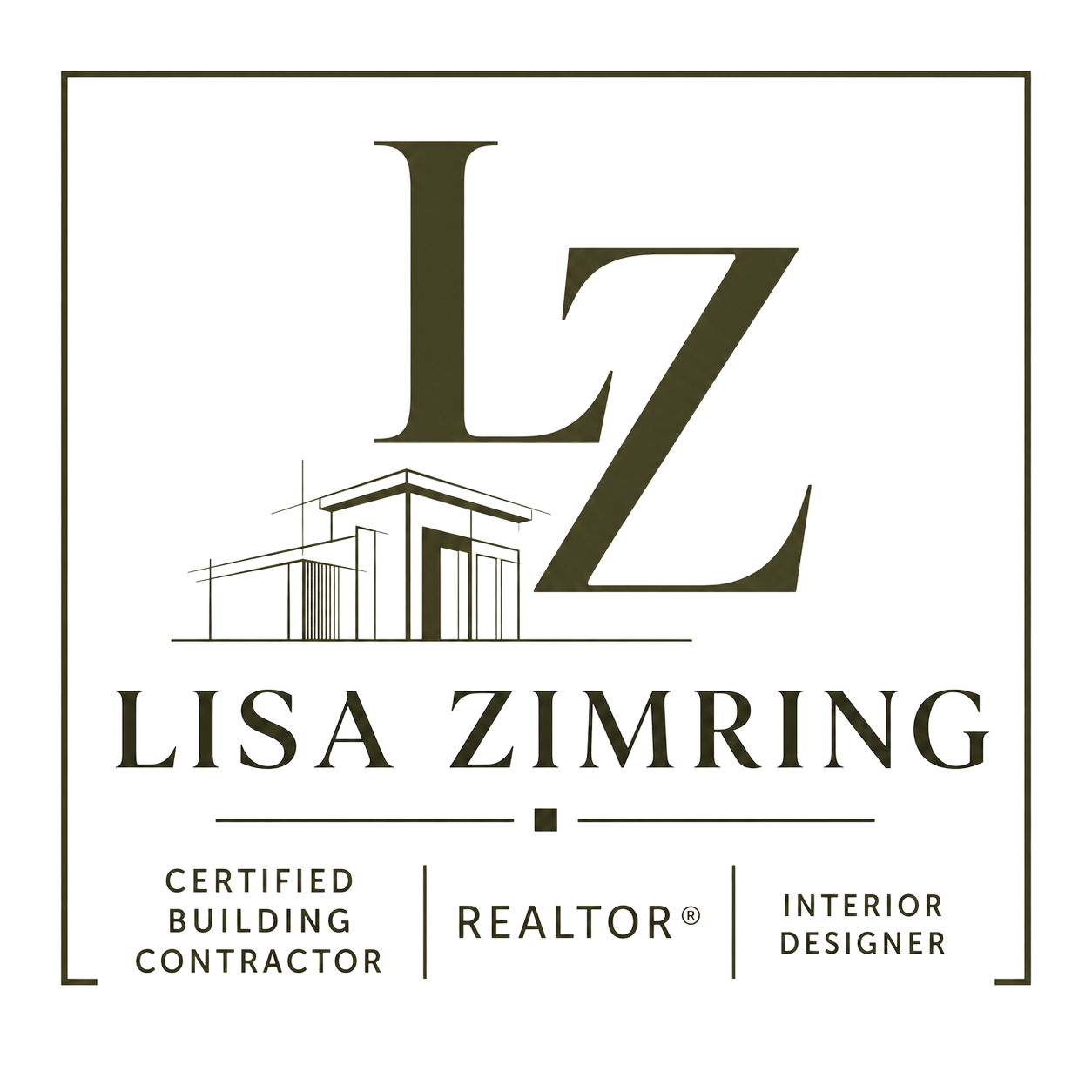 Logo featuring large initials 'LZ' with a line drawing of a modern building, and text reading 'Lisa Zimring', 'Certified Building Contractor', 'Realtor', and 'Interior Designer'.
