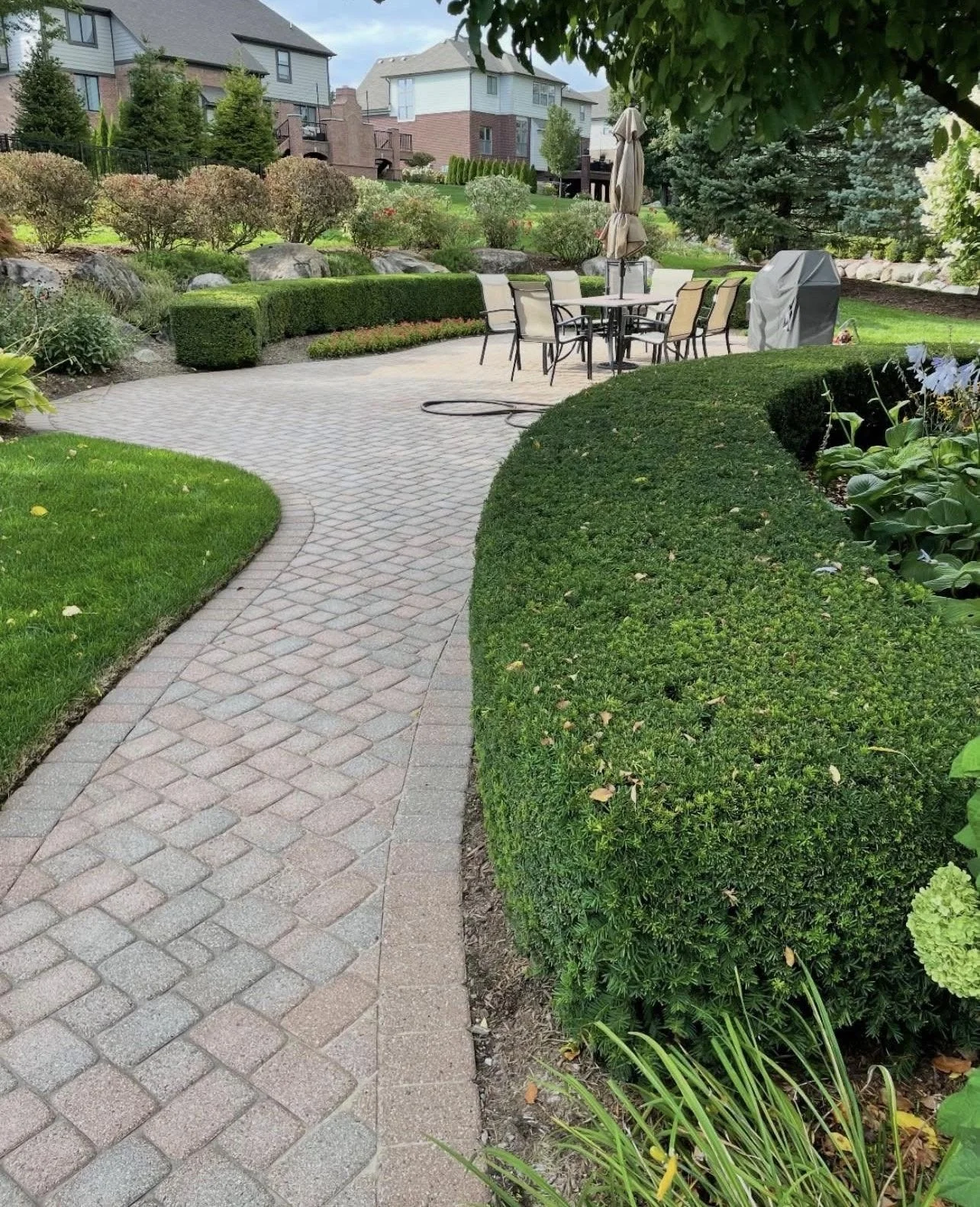 A landscaped backyard with a paved winding pathway, trimmed bushes, a table with chairs, and barbecue grill, surrounded by residential houses and trees.