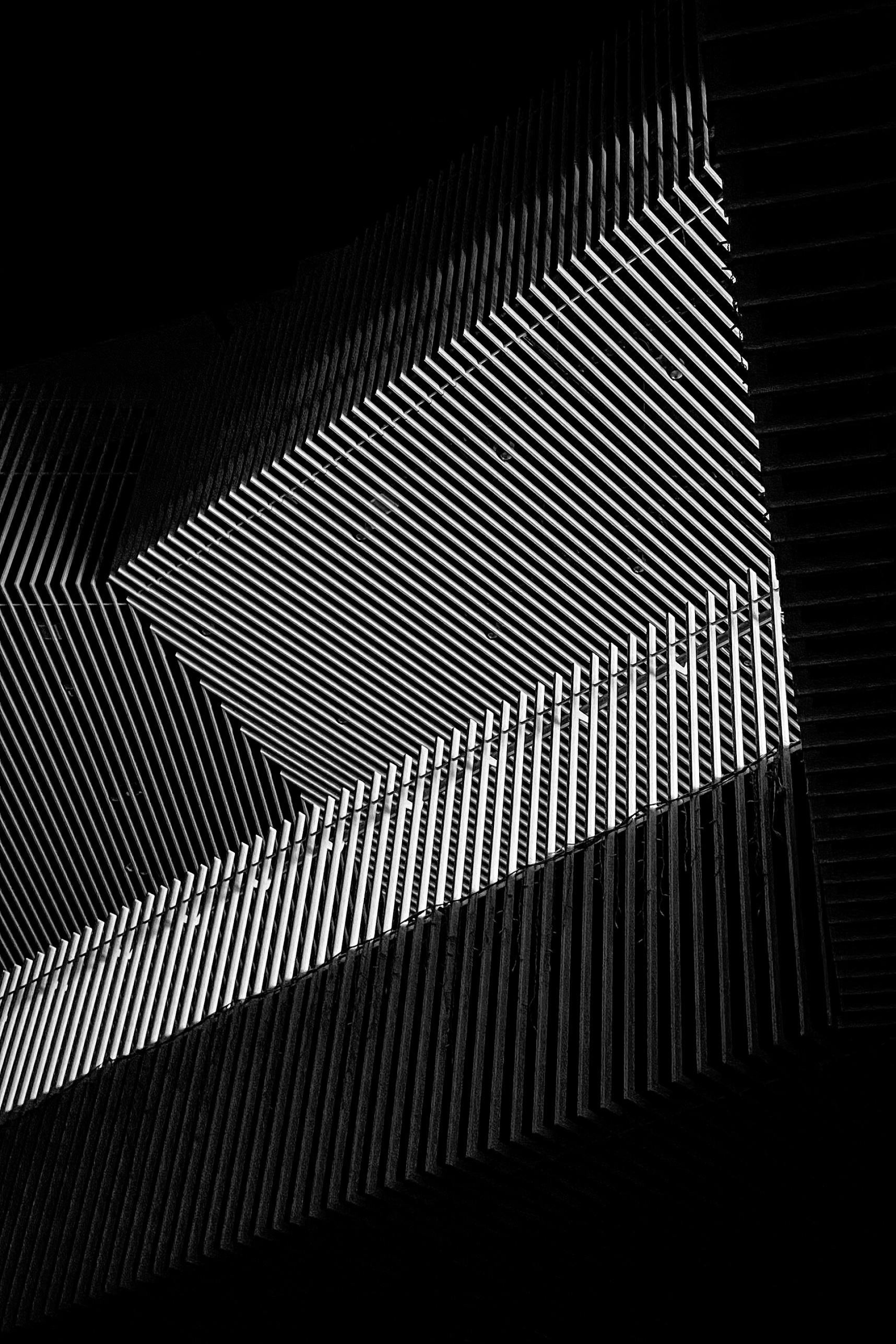 Close-up of a geometric structure with linear, slatted design, predominantly black and white.