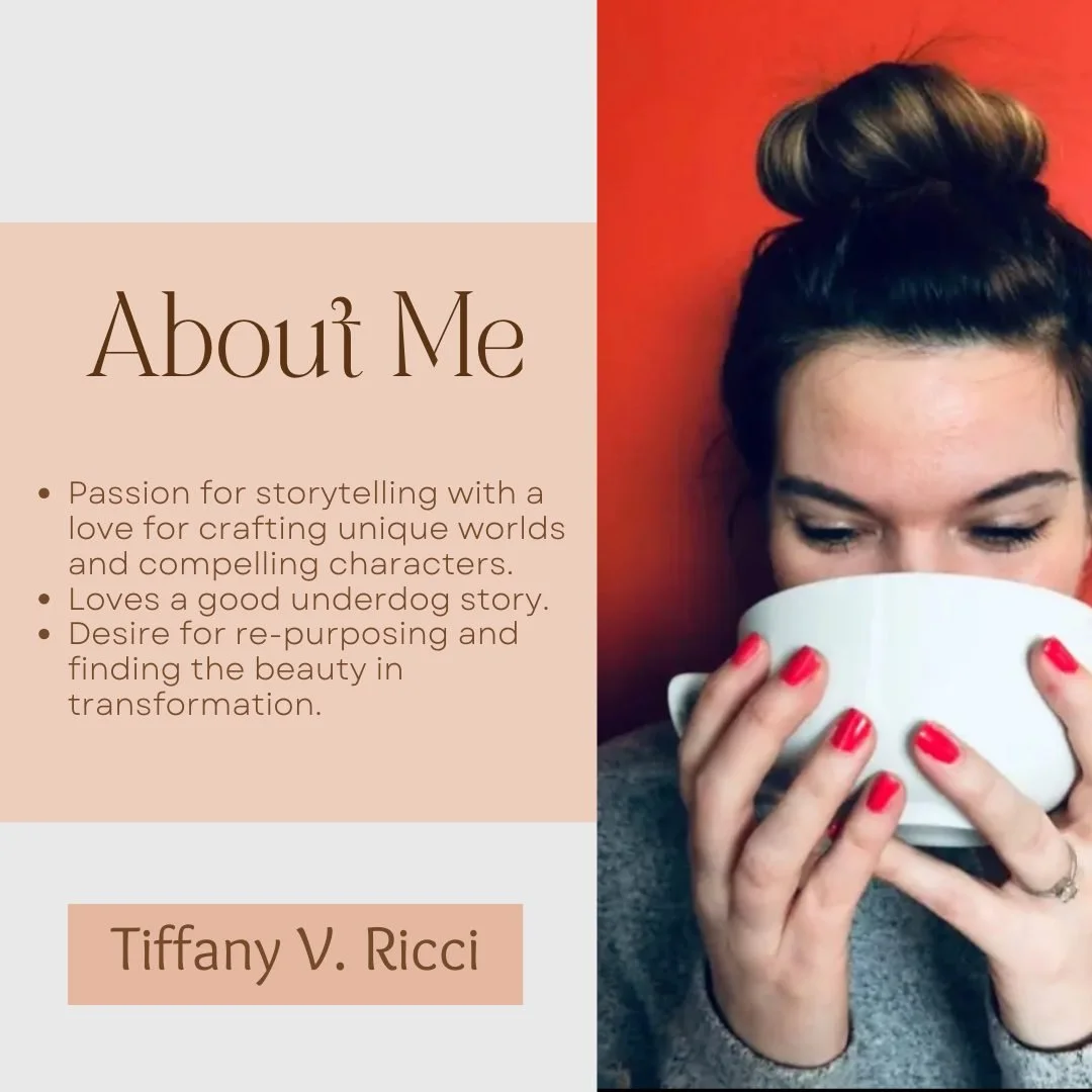 A woman with red painted nails drinking from a white mug, with text about her passion for storytelling and her name, Tiffany V. Ricci, on a beige background.