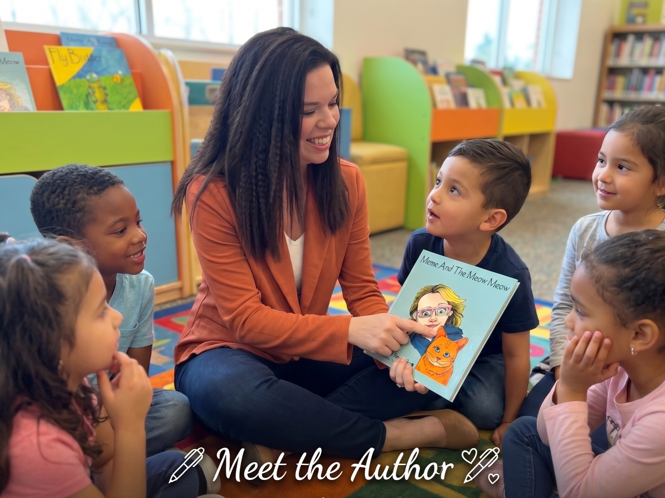 A woman with dark hair smiling as she reads a children's book titled 'Meme And The Meow Meow' to a group of children in a colorful library classroom.