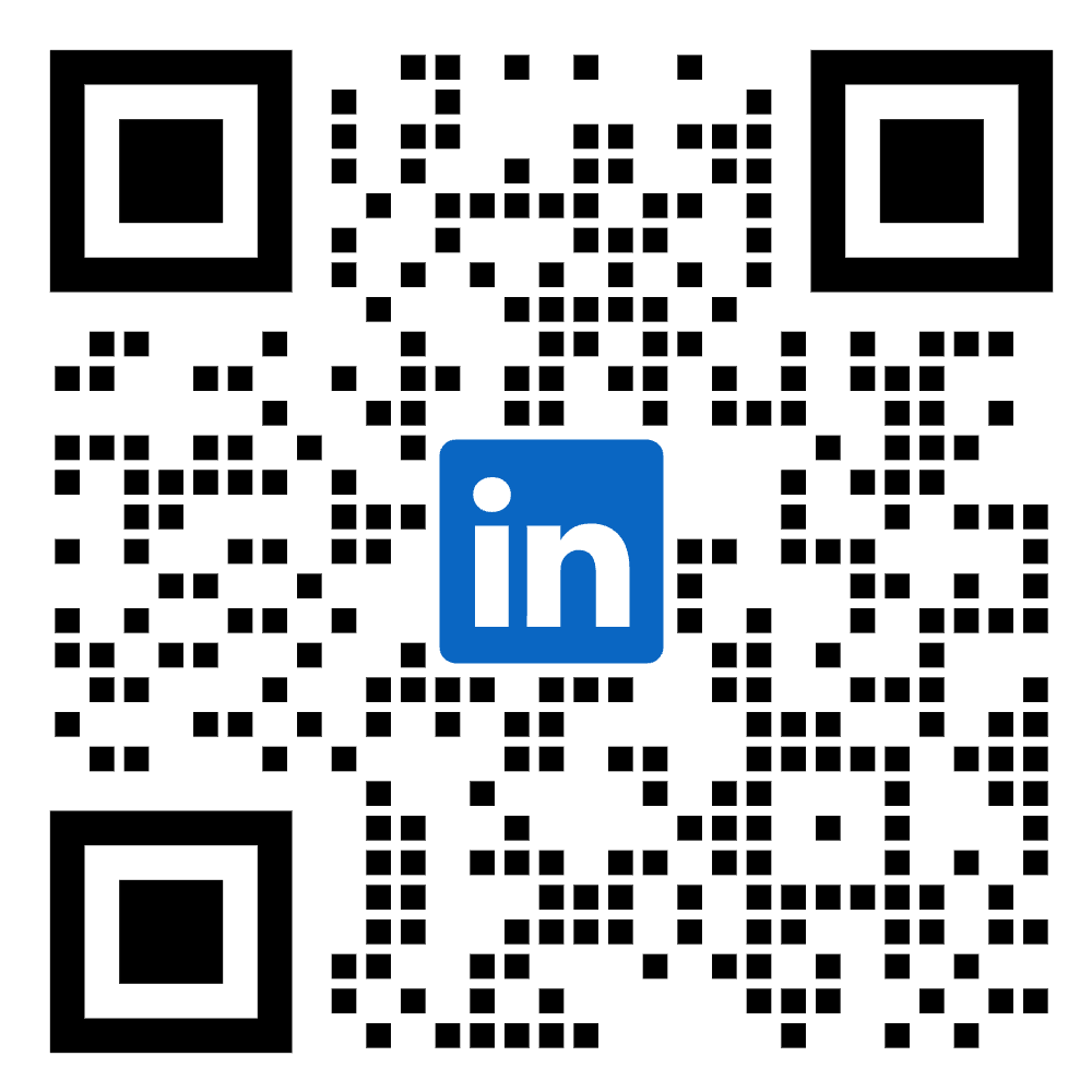 A QR code with a LinkedIn logo at the center.