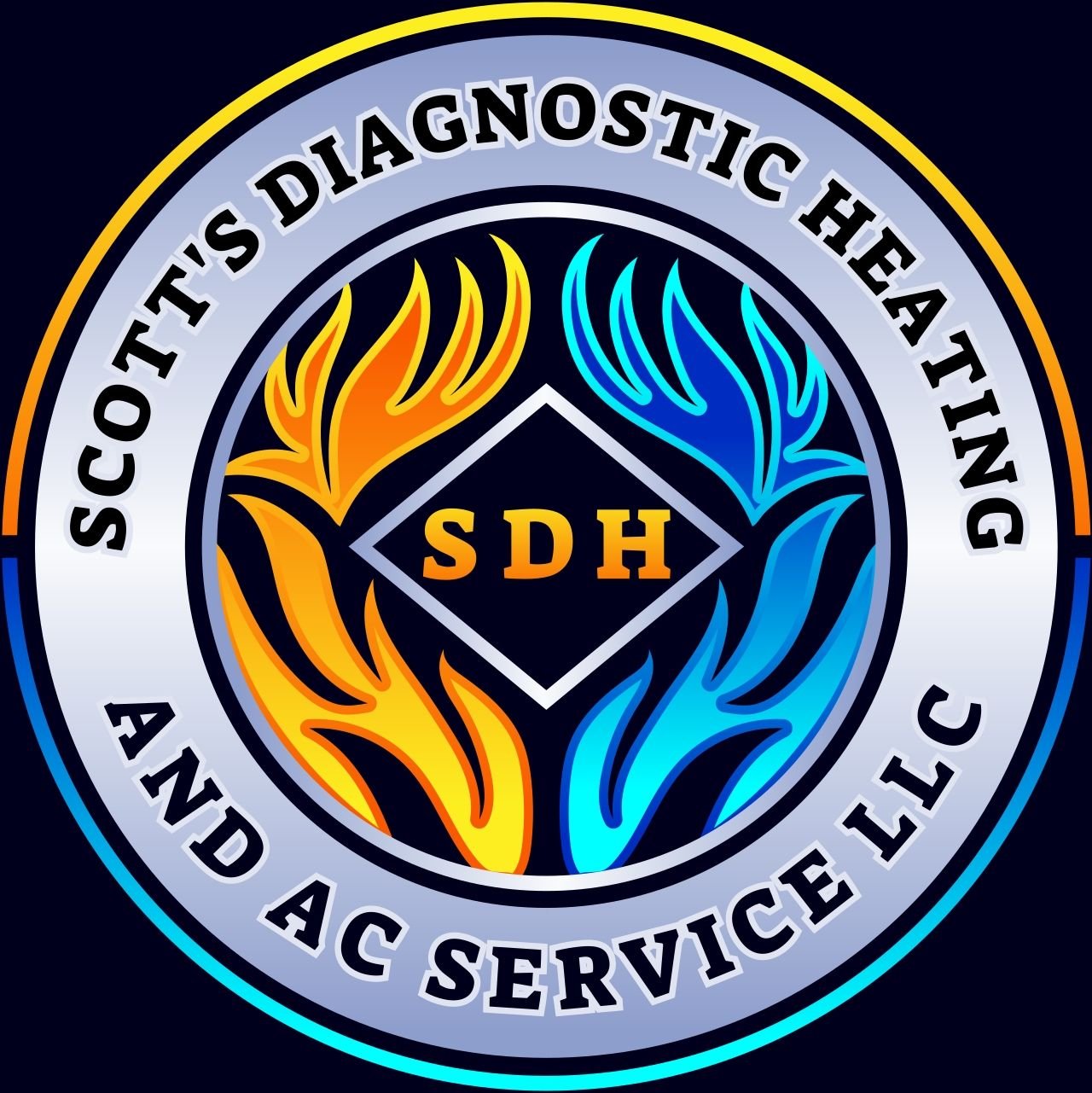 Logo for Southern Diagnostic Heating and Air Conditioning, featuring a circular design with flames on the left and icy flames on the right, the initials 'SDH' in the center, and the text 'Southern Diagnostic Heating and AC Service LLC' around the circle.