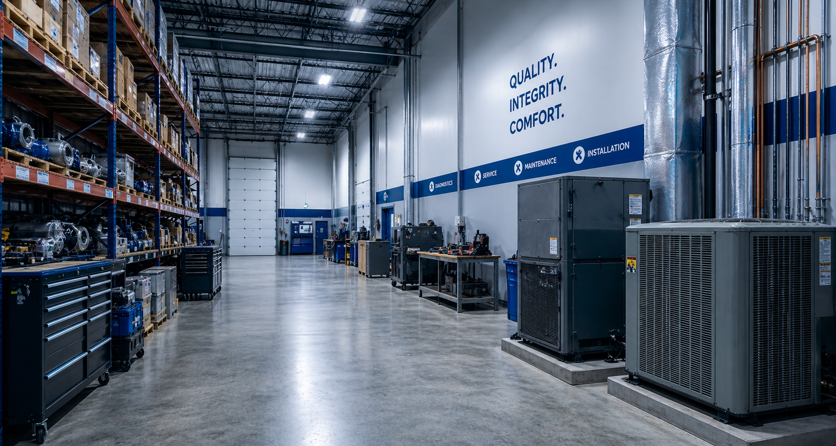 A spacious industrial warehouse with shelves stocked with machine parts on the left, equipment and workbenches on the right, and a large white door at the back. The wall displays the words 'QUALITY. INTEGRITY. COMFORT.' and service categories including diagnostics, service, maintenance, and installation.