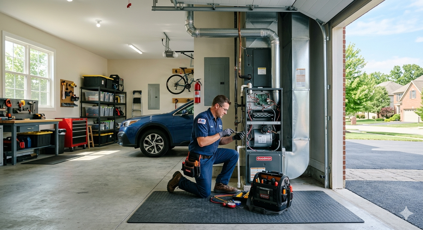 A technician working on a home's HVAC system in a garage, with tools and equipment nearby, and a parked blue SUV inside.