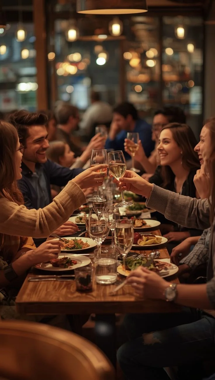 People gathering around a table in a restaurant, enjoying a meal and raising glasses for a toast.