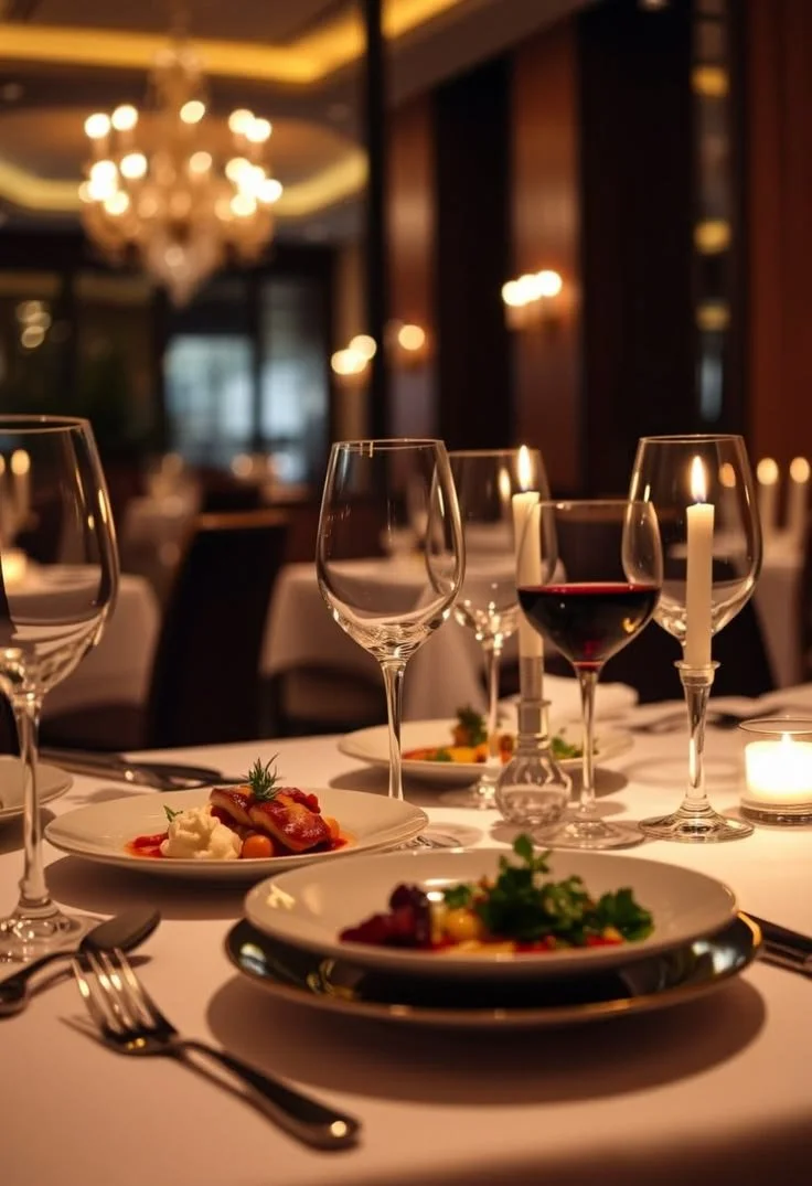 A dining table set for a fancy meal with wine glasses, plates of food, lit candles, and a chandelier in a dimly lit, elegant restaurant.