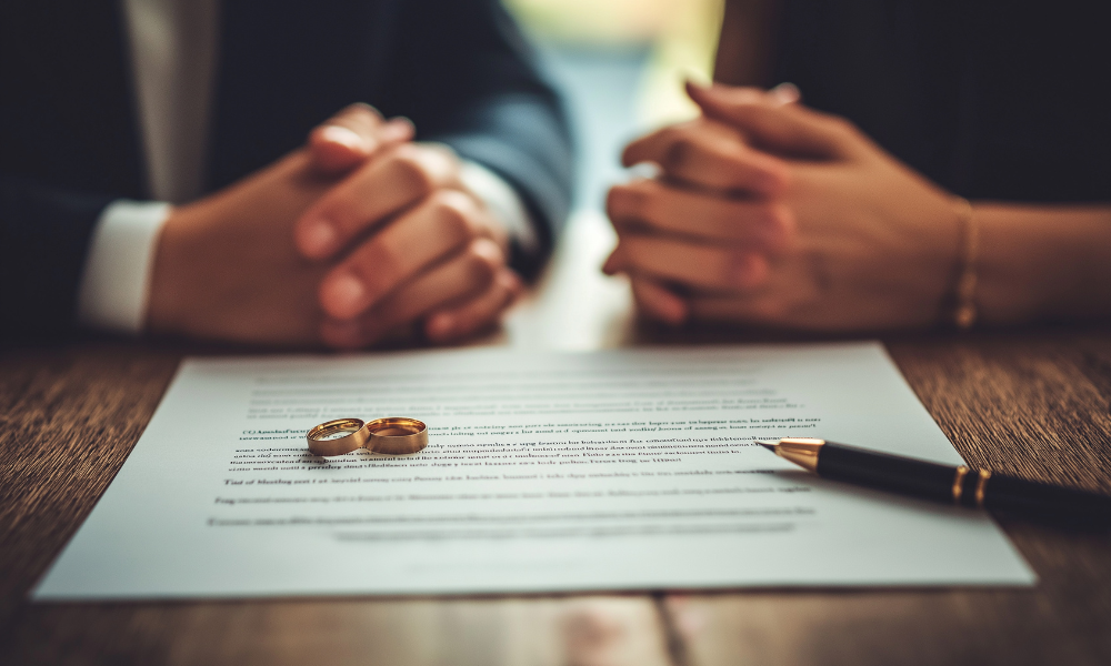 A man and woman sit across from each other with hands clasped in front of a document and two wedding rings on the paper, with a pen beside the rings.